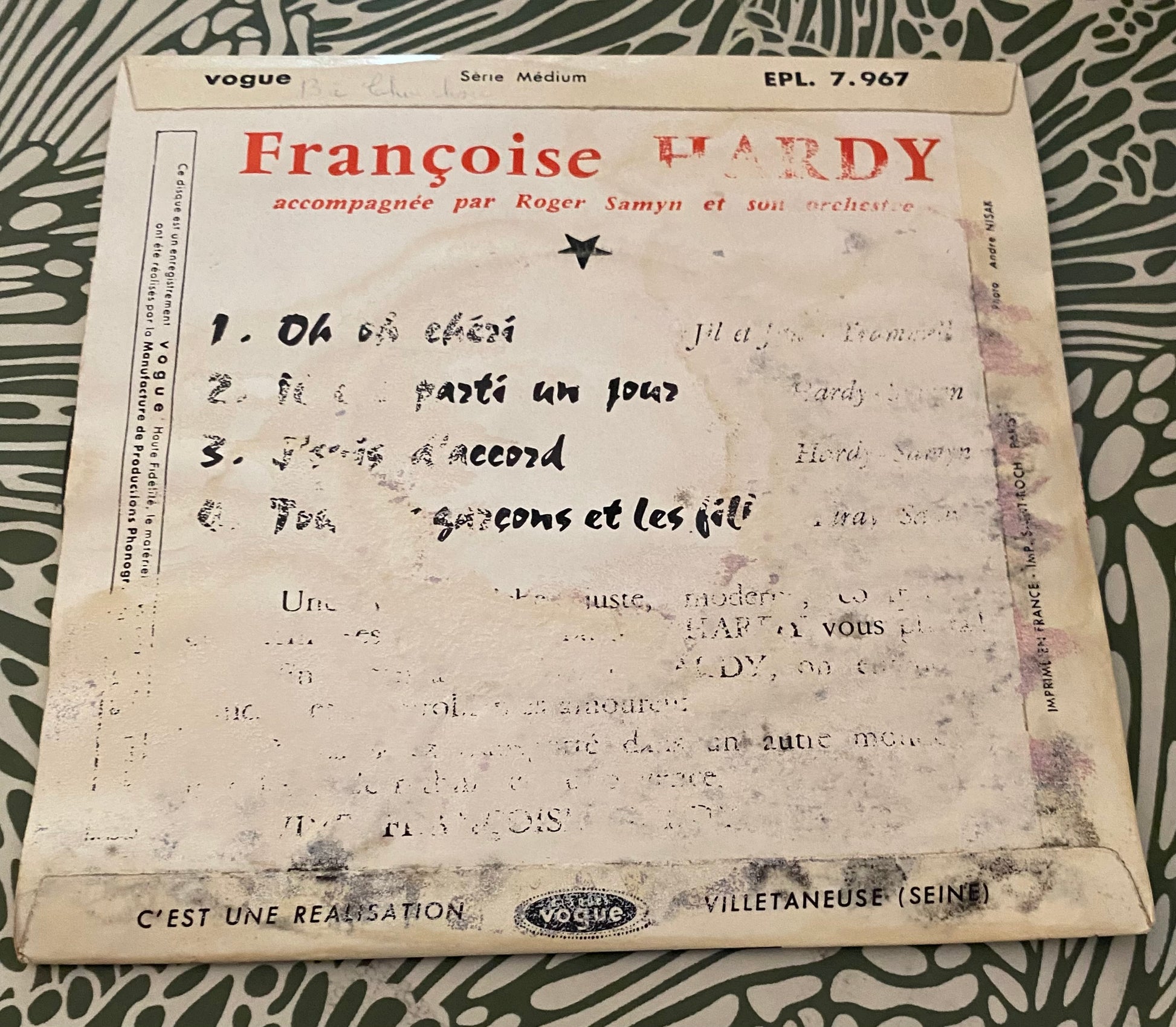 Disque vinyle 45 Tours Françoise Hardy. J’suis d’accord