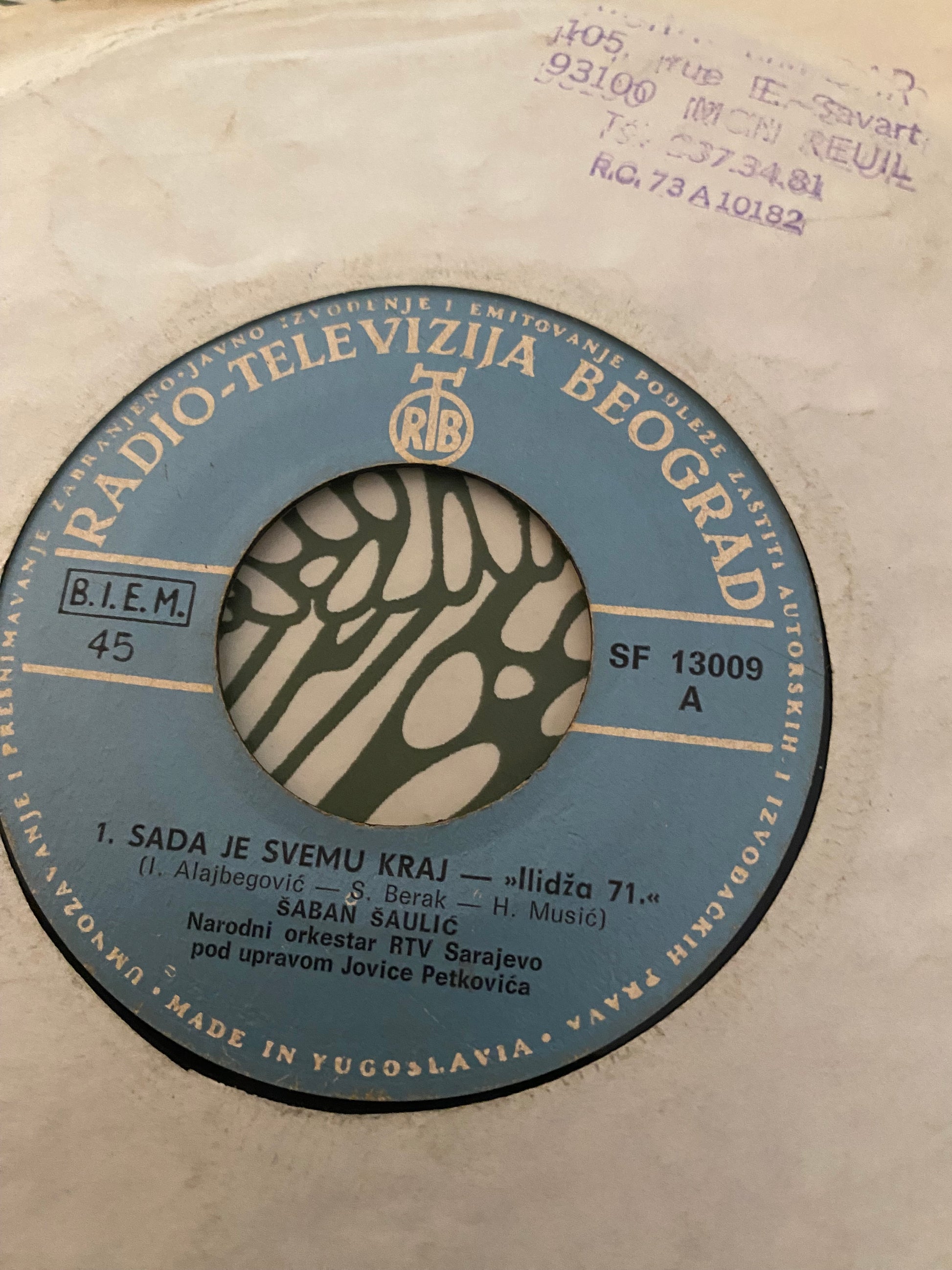 Disque vinyle 45 tours Saban Saulic. Sada je svenu kraz