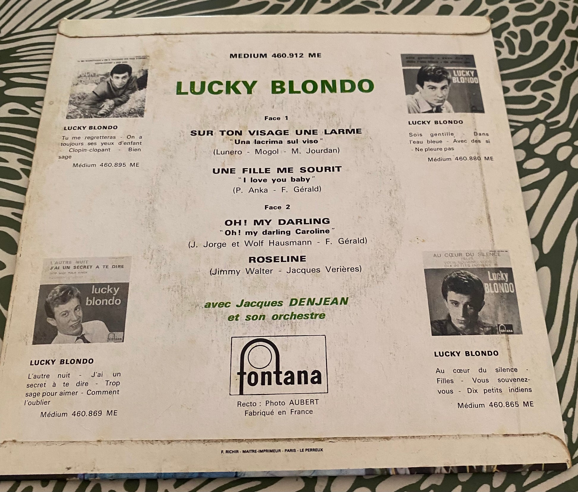 Disque vinyle 45 Tours Lucky Blondo. Sur ton visage une larme