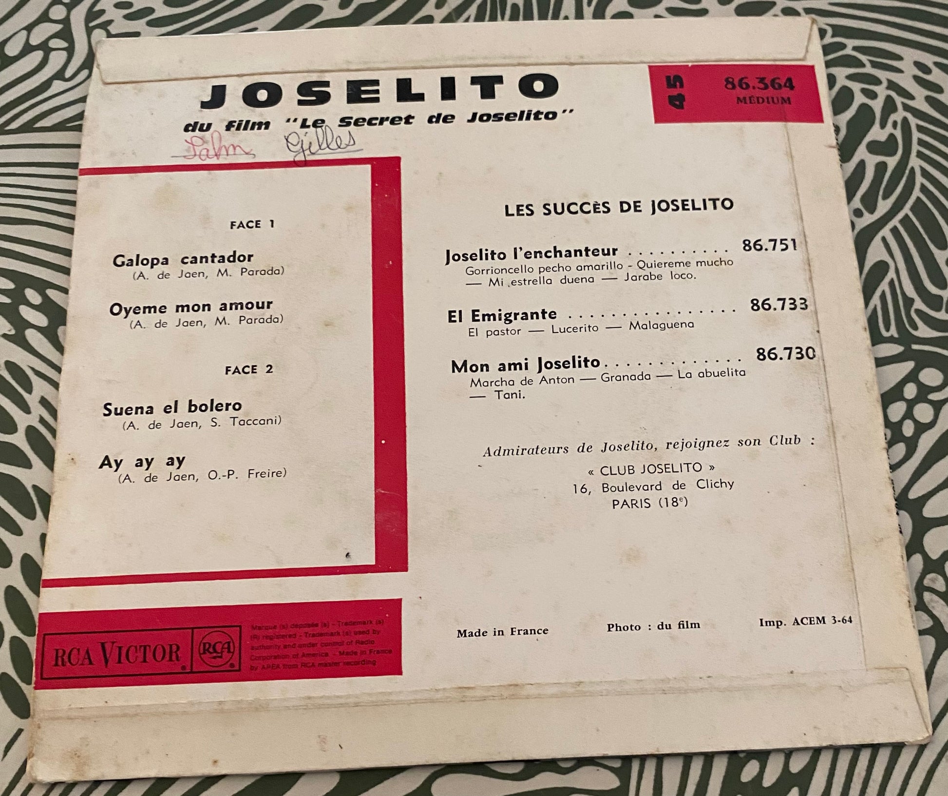 Disque vinyle 45 Tours Joselito musique du film le secret de Joselito
