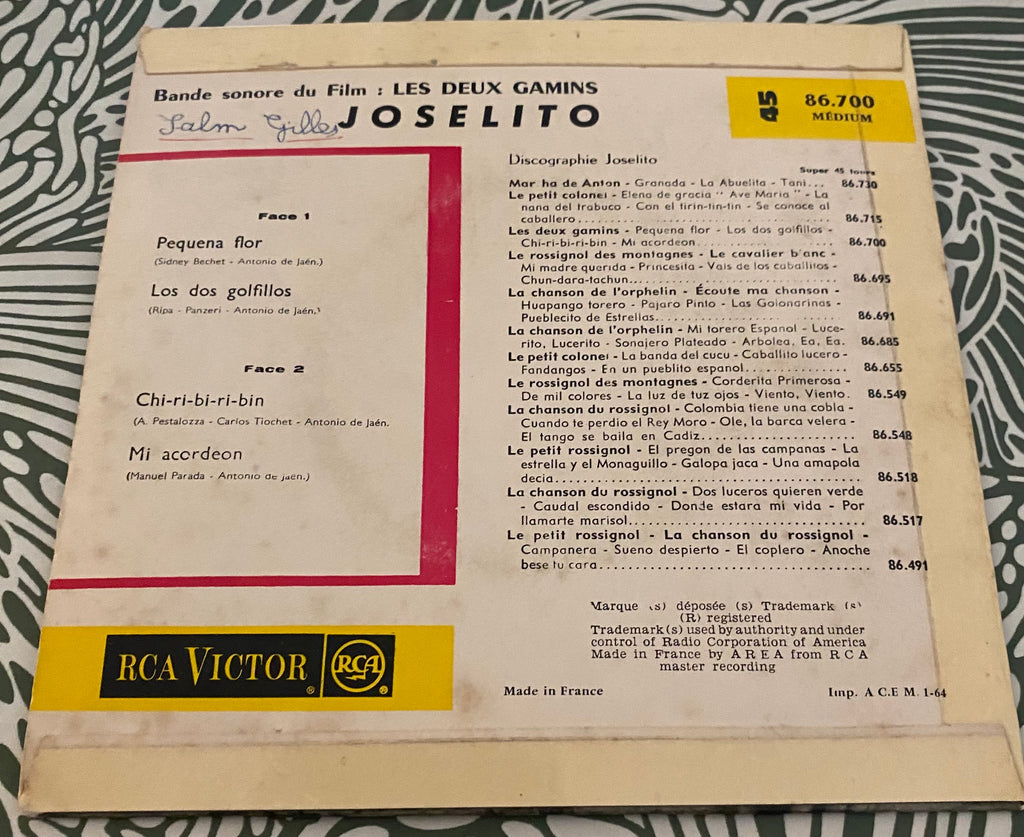 Disque vinyle 45 tours Joselito musique du film les deux gamins