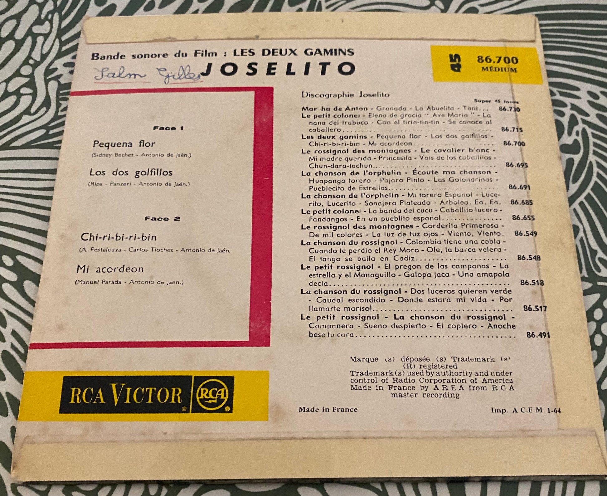 Disque vinyle 45 tours Joselito musique du film les deux gamins