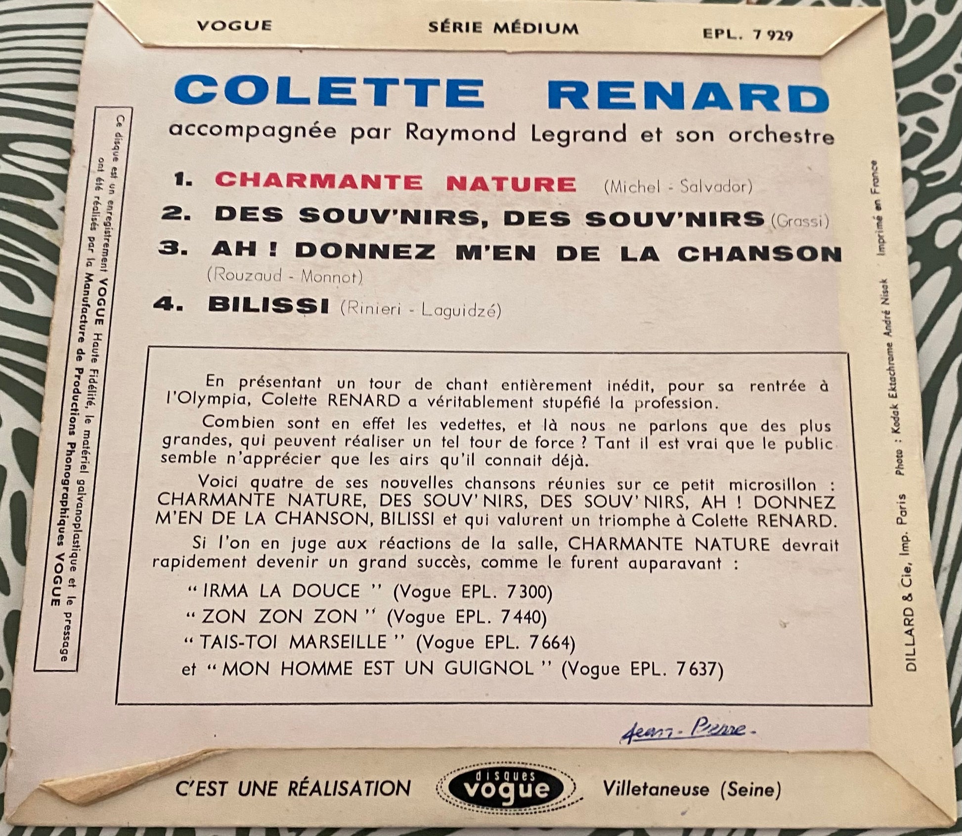 Disque vinyle 45 Tours Colette Renard. Charmente Nature
