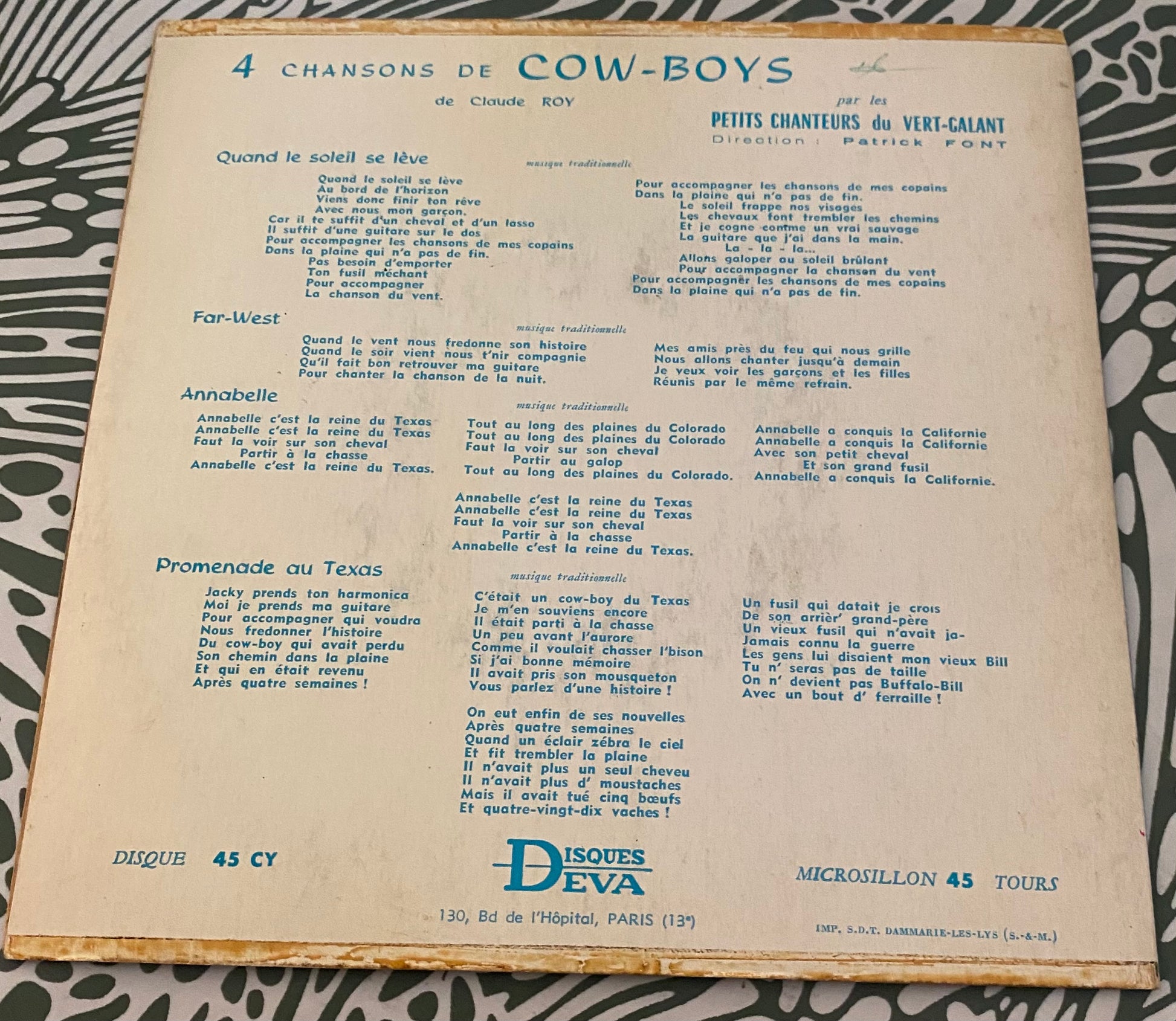 Disque vinyle 45 Tours Les petits chanteurs du vert-galant. 4 chansons de cowboy