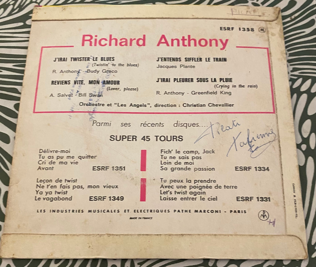 Disque vinyle 45 Tours Richard Anthony. J’irai twister le Blues