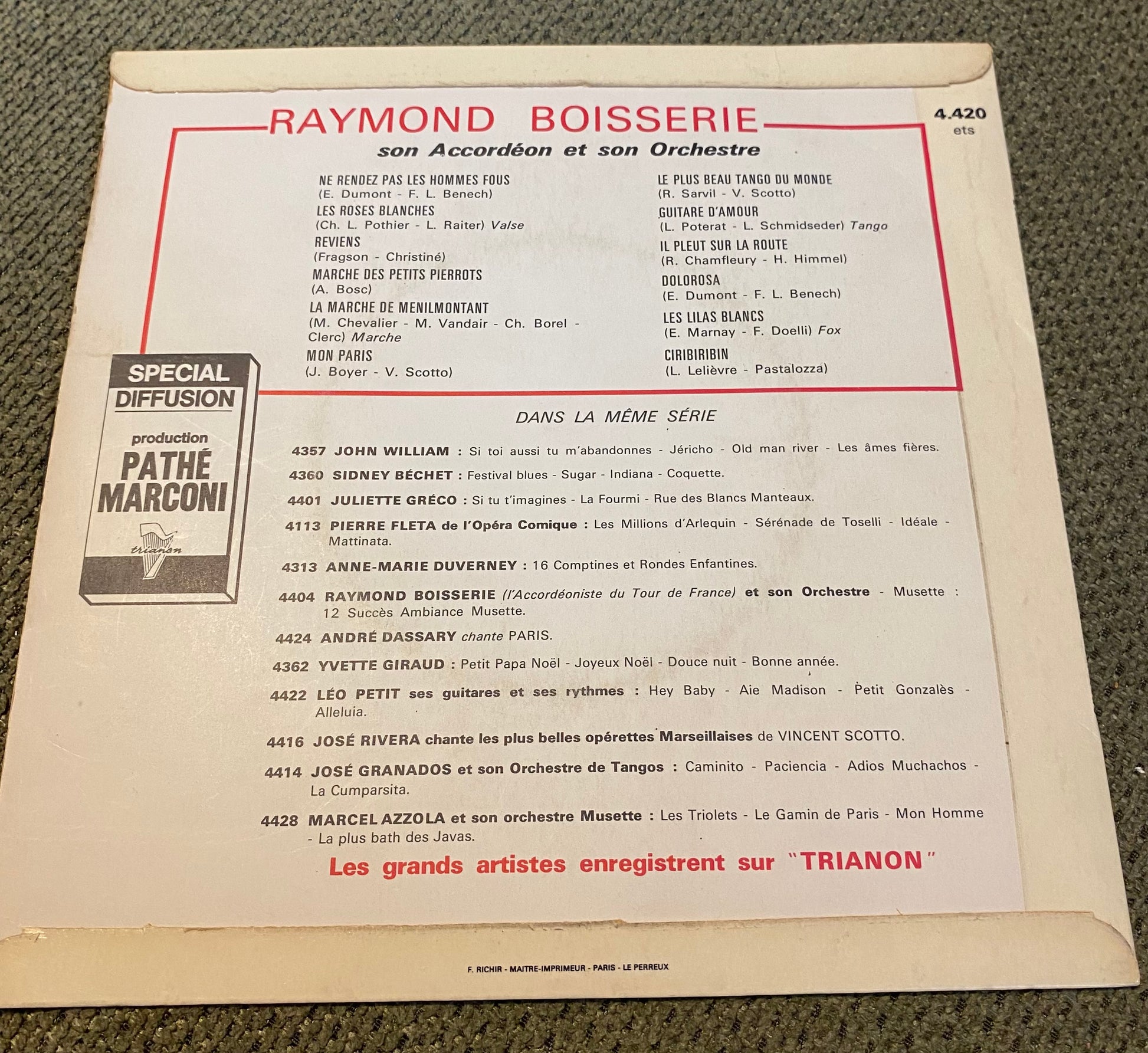 Disque vinyle 45 tours Raymond Boisserie son accordéon et son orchestre