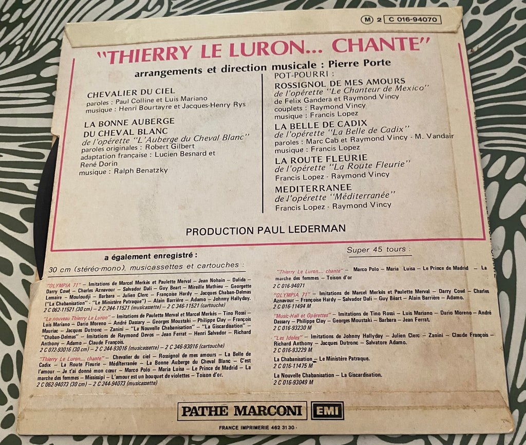 Disque vinyle 45 Tours Thierry le luron. Chevalier du ciel.