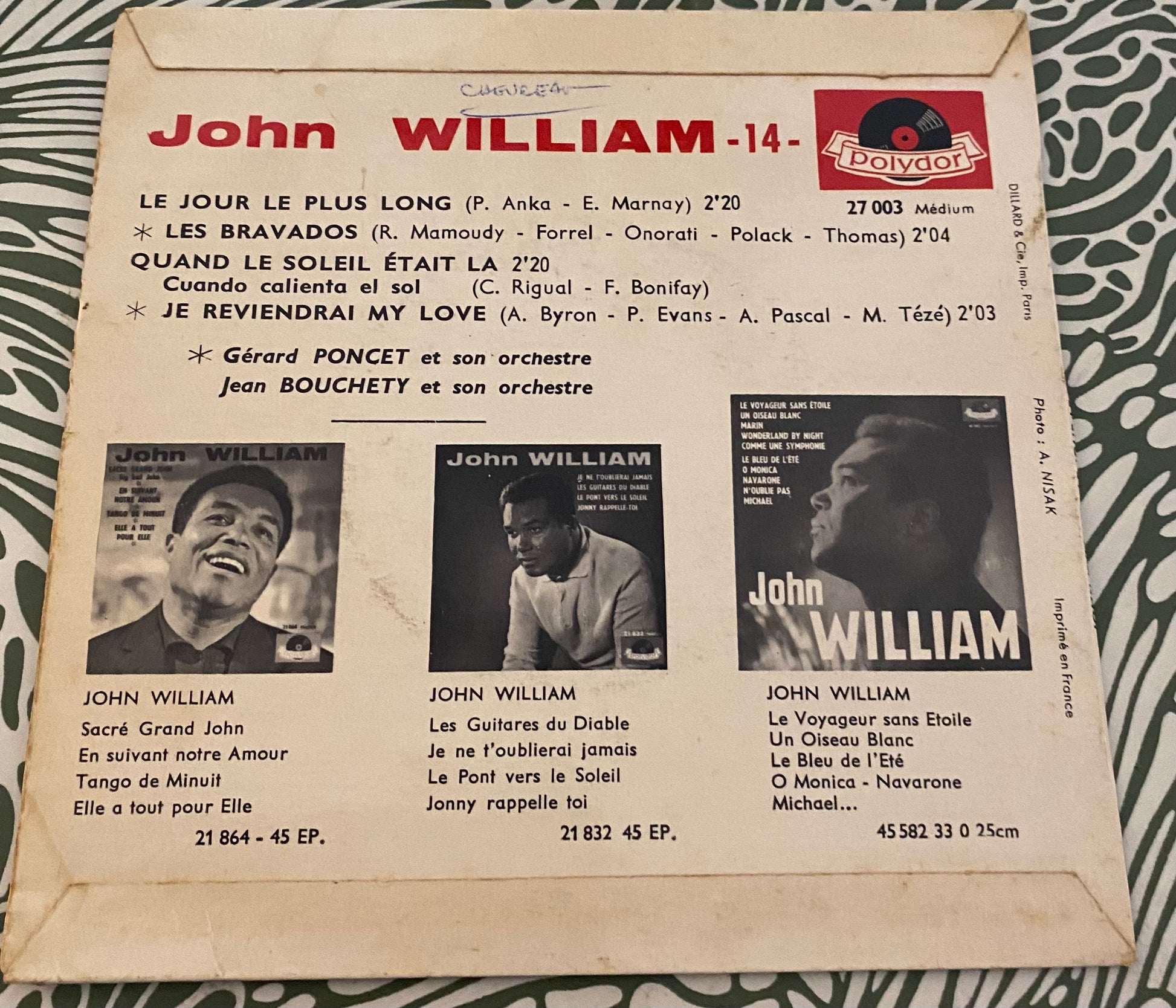 Disque vinyle 45 tours John William. Le jour le plus long
