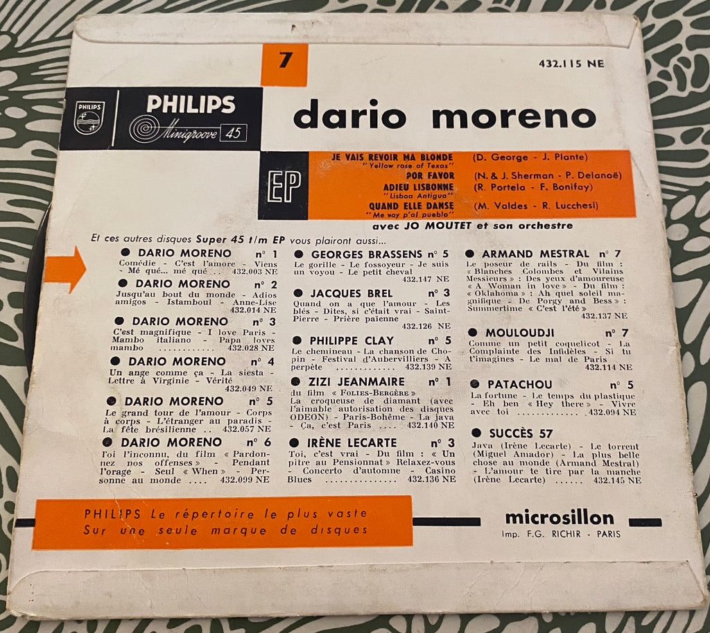 Disque vinyle 45 Tours Dario Moreno. Je vais revoir ma blonde