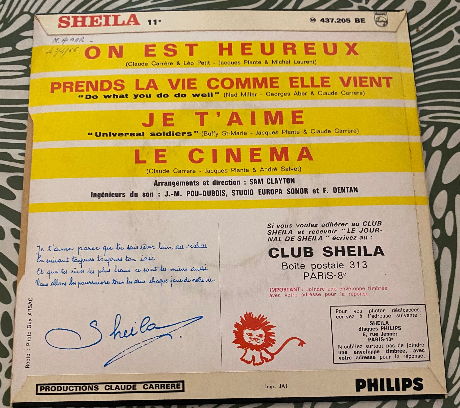 Disque vinyle 45 tours Sheila. Le cinéma
