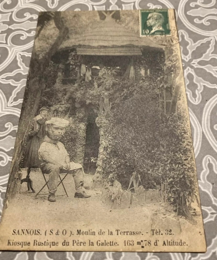 Carte postale ancienne Rare Sannois Kiosque Rustine du père. La galette Moulin. La terrasse