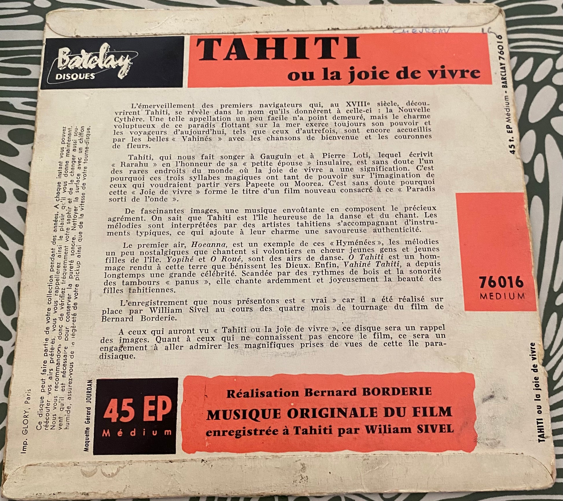 Disque vinyle 45 tours Tahiti ou la joie de vivre. Musique du film. Réalisation Bernard Borderie