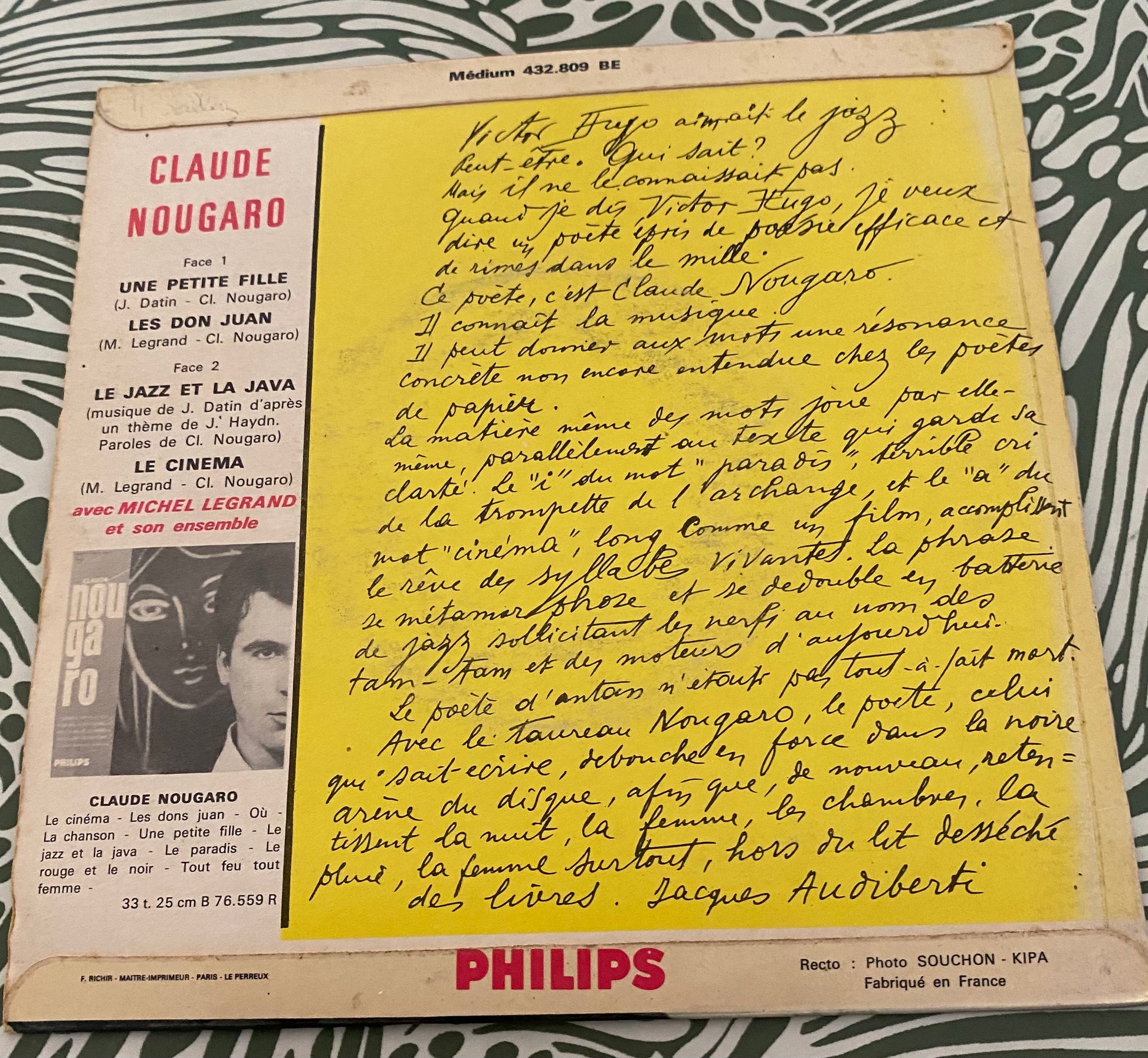 Disque vinyle 45 Tours Claude Nougaro. Le cinéma