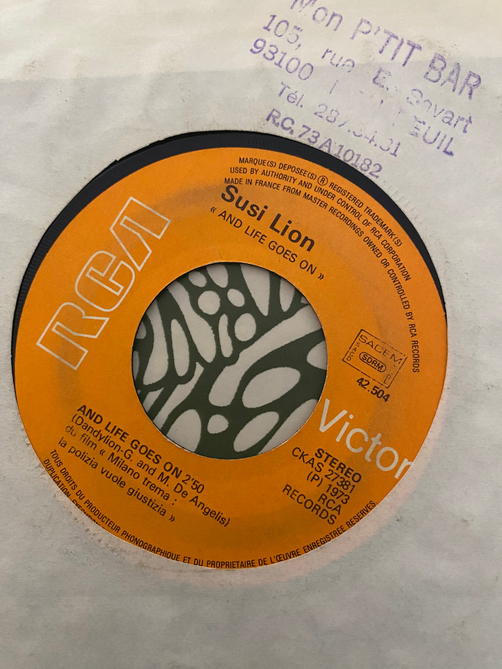 Disque vinyle 45 Tours Susi Lion And Guy. Blue Song 1973
