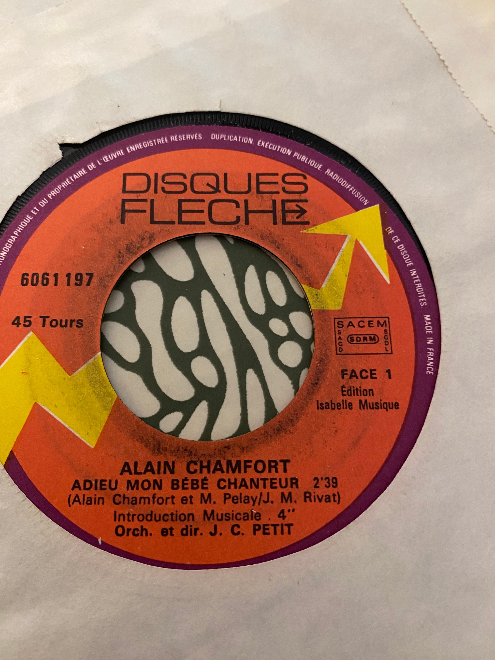 Disque vinyle 45 Tours Alain Chamfort. Adieu mon bébé chanteur