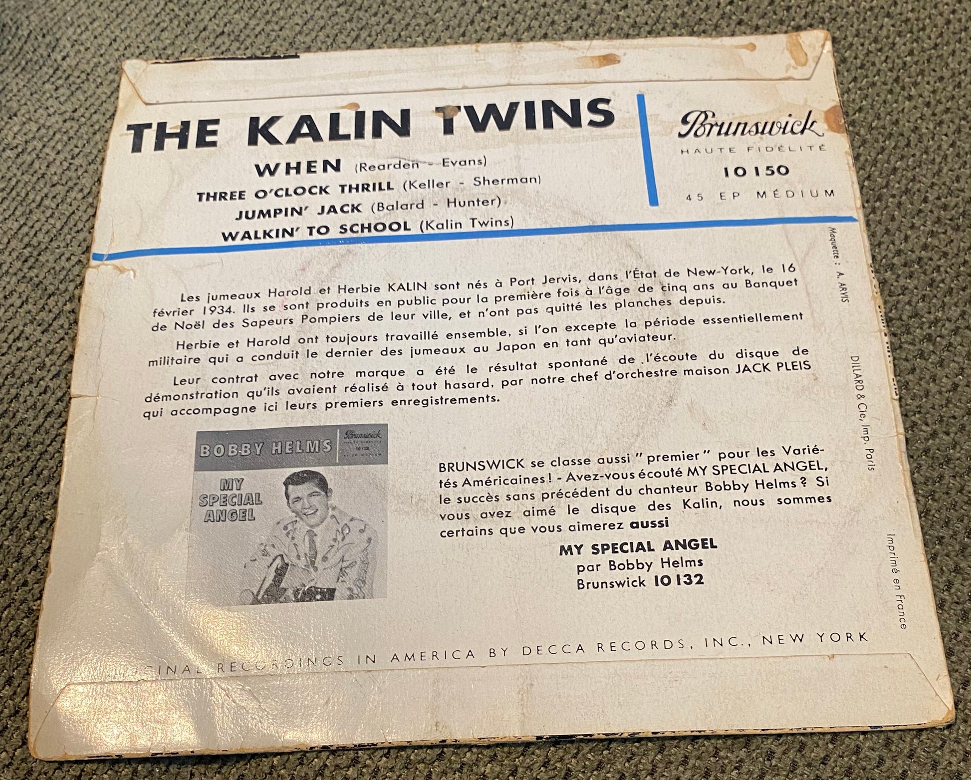 Disque vinyle 45 tours The Kalin Twins. When