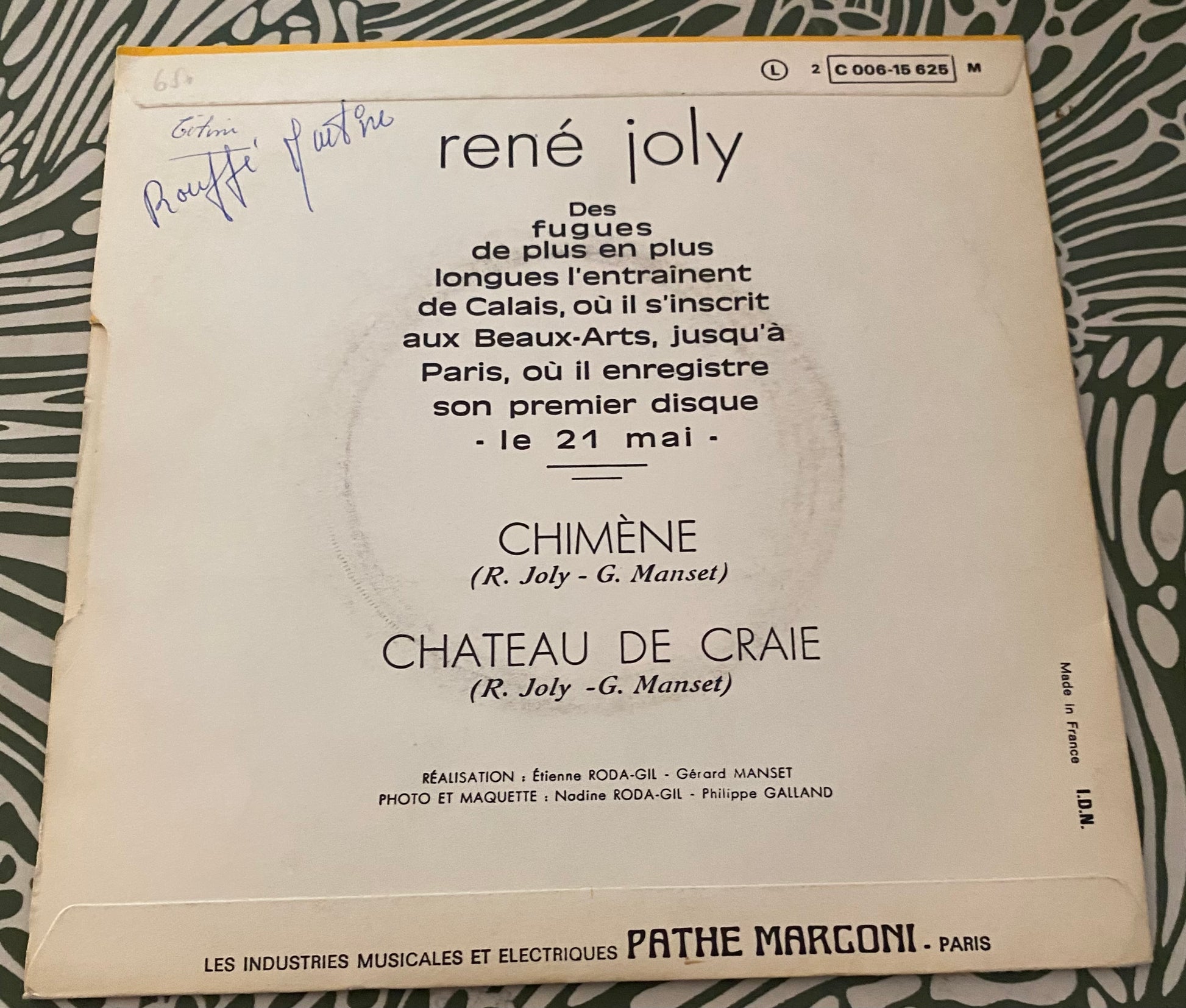 Disque vinyle 45 Tours René Joly. Chimère