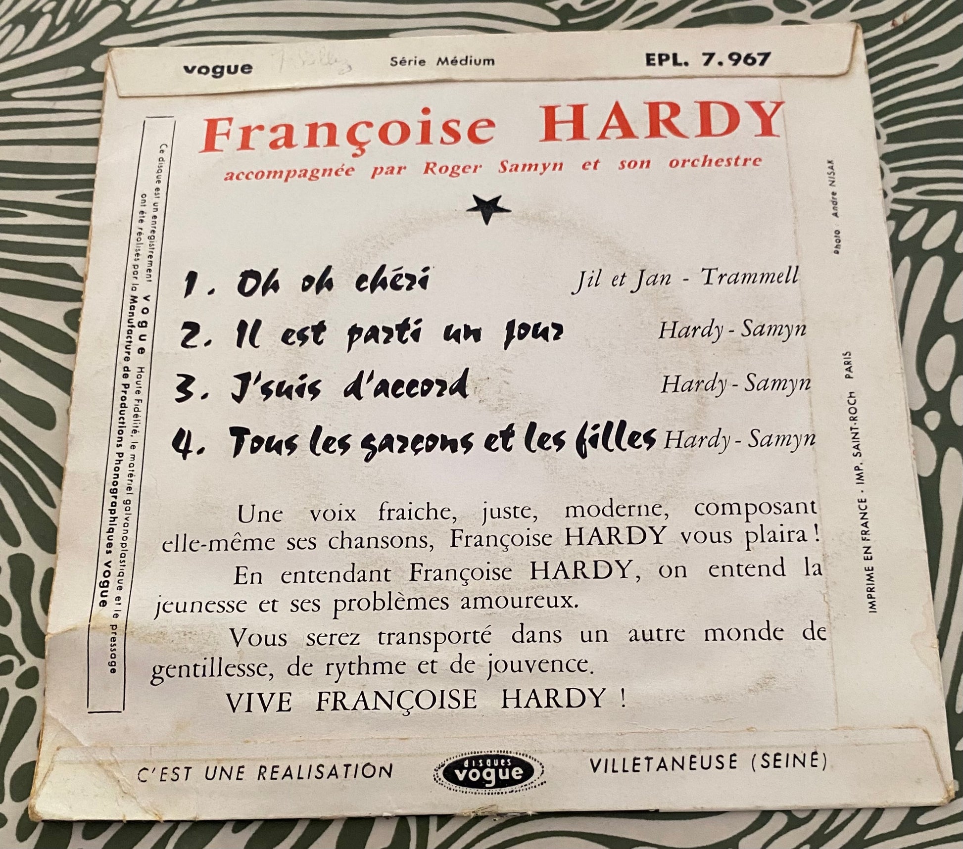 Disque vinyle 45 Tours Françoise Hardy. J’suis d’accord