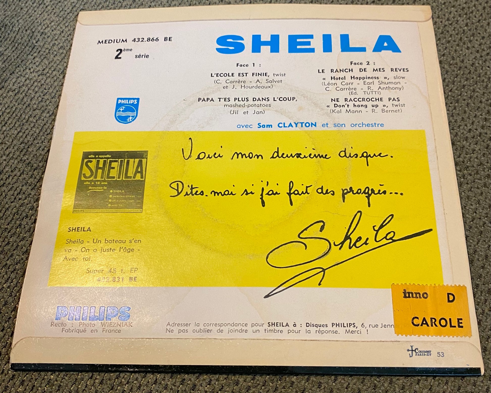 Disque vinyle 45 tours Sheila. L’école est finie