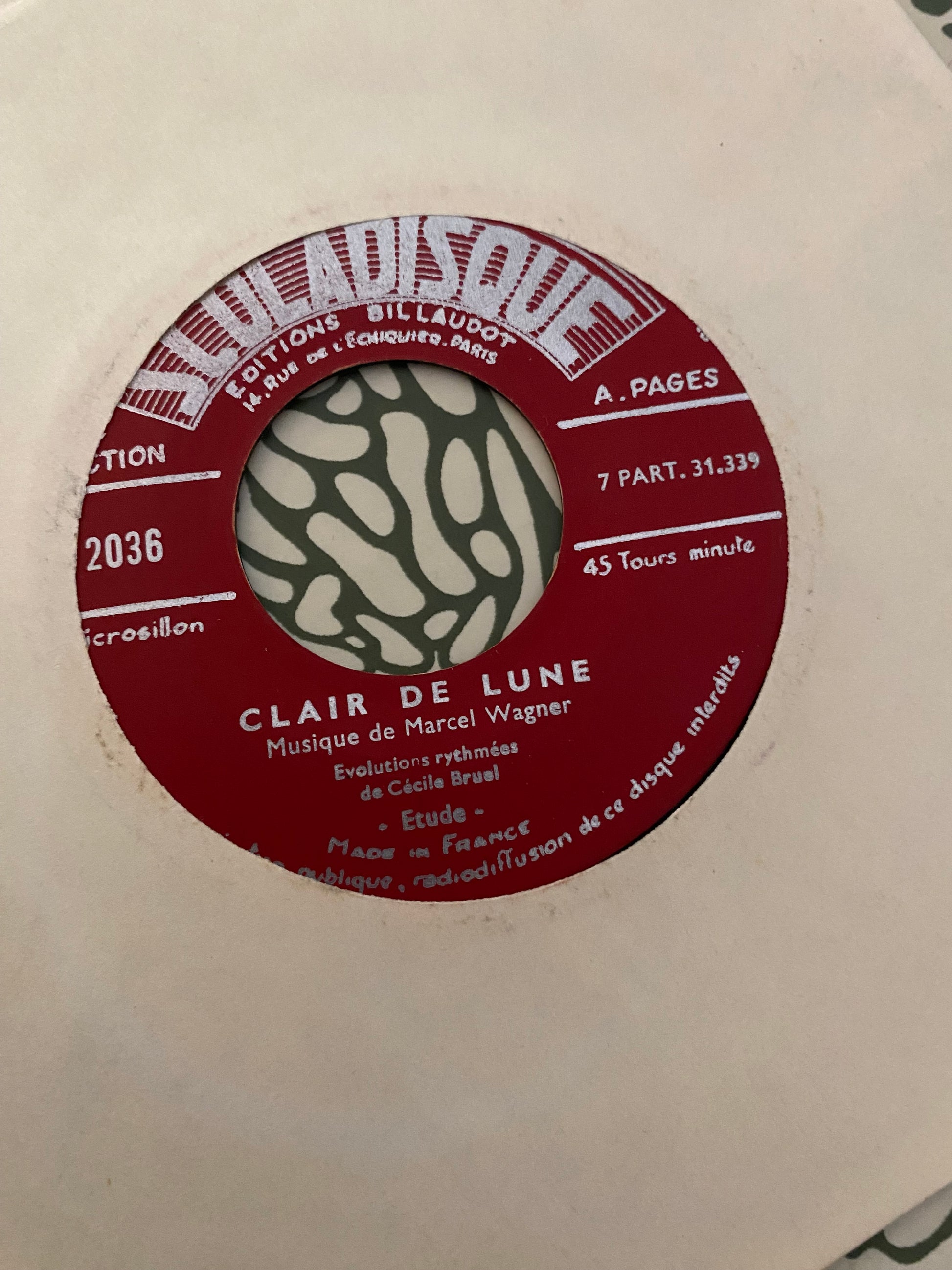 Disque vinyle 45 tours Clair de lune. Musique de Marcel Wagner