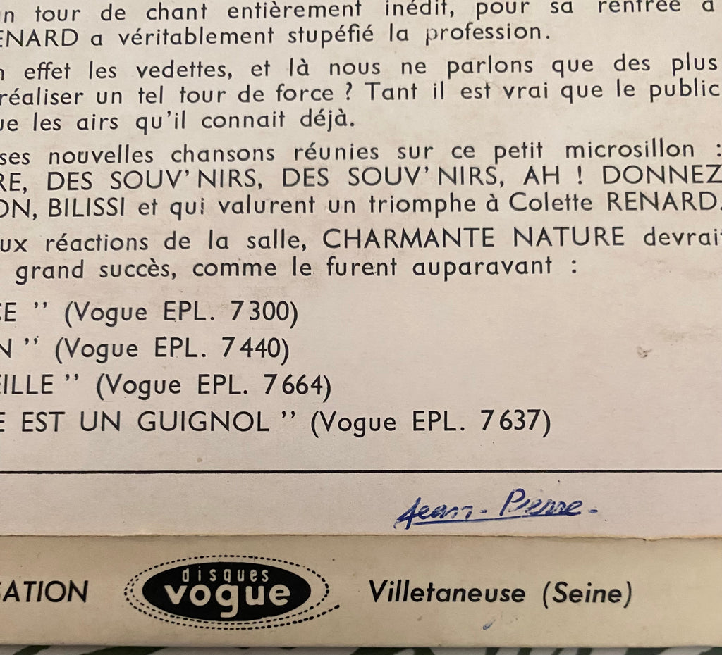 Disque vinyle 45 Tours Colette Renard. Charmente Nature