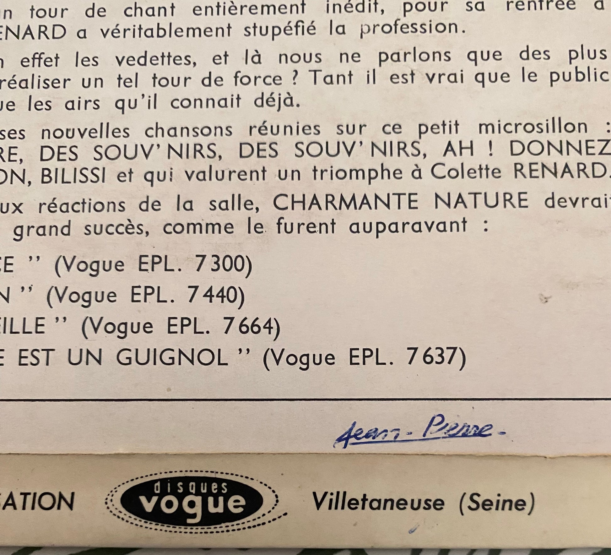 Disque vinyle 45 Tours Colette Renard. Charmente Nature