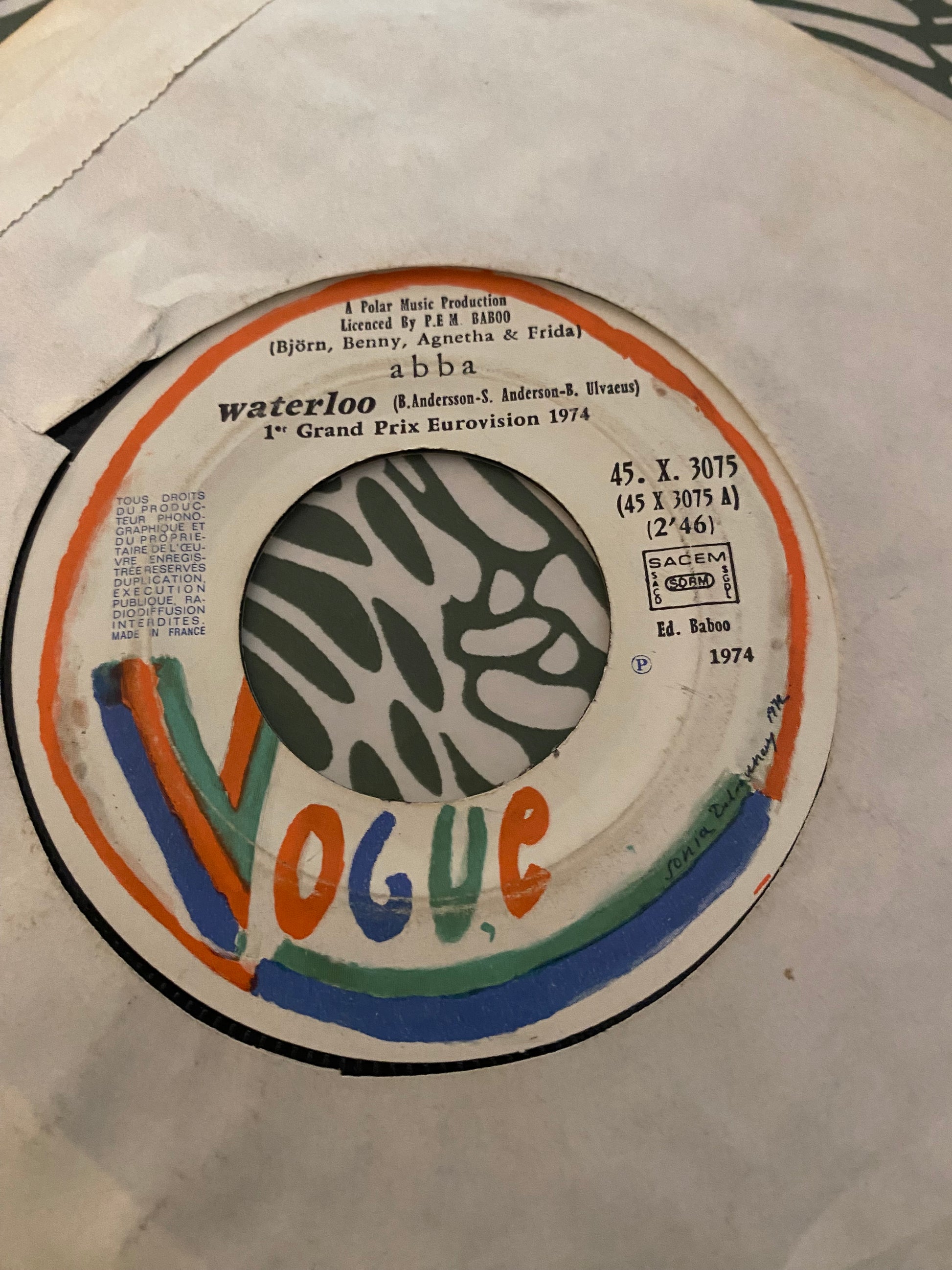 Disque vinyle 45 Tours ABBA. Waterloo 1974