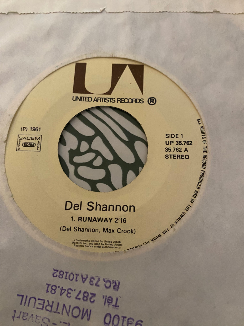 Disque vinyle 45 tours Del Shannon. Runaway
