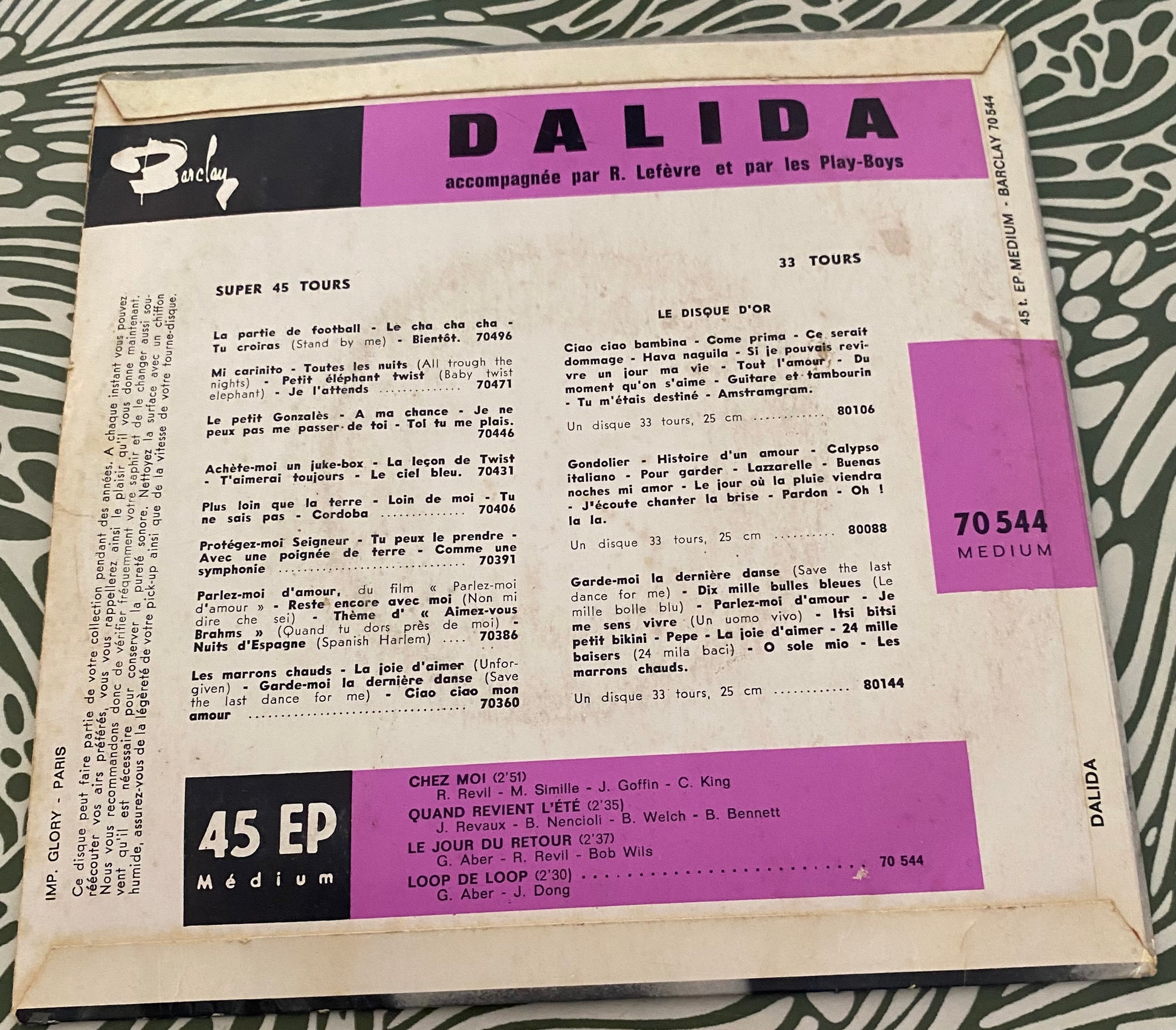 Disque vinyle 45 tours Dalida. Chez moi