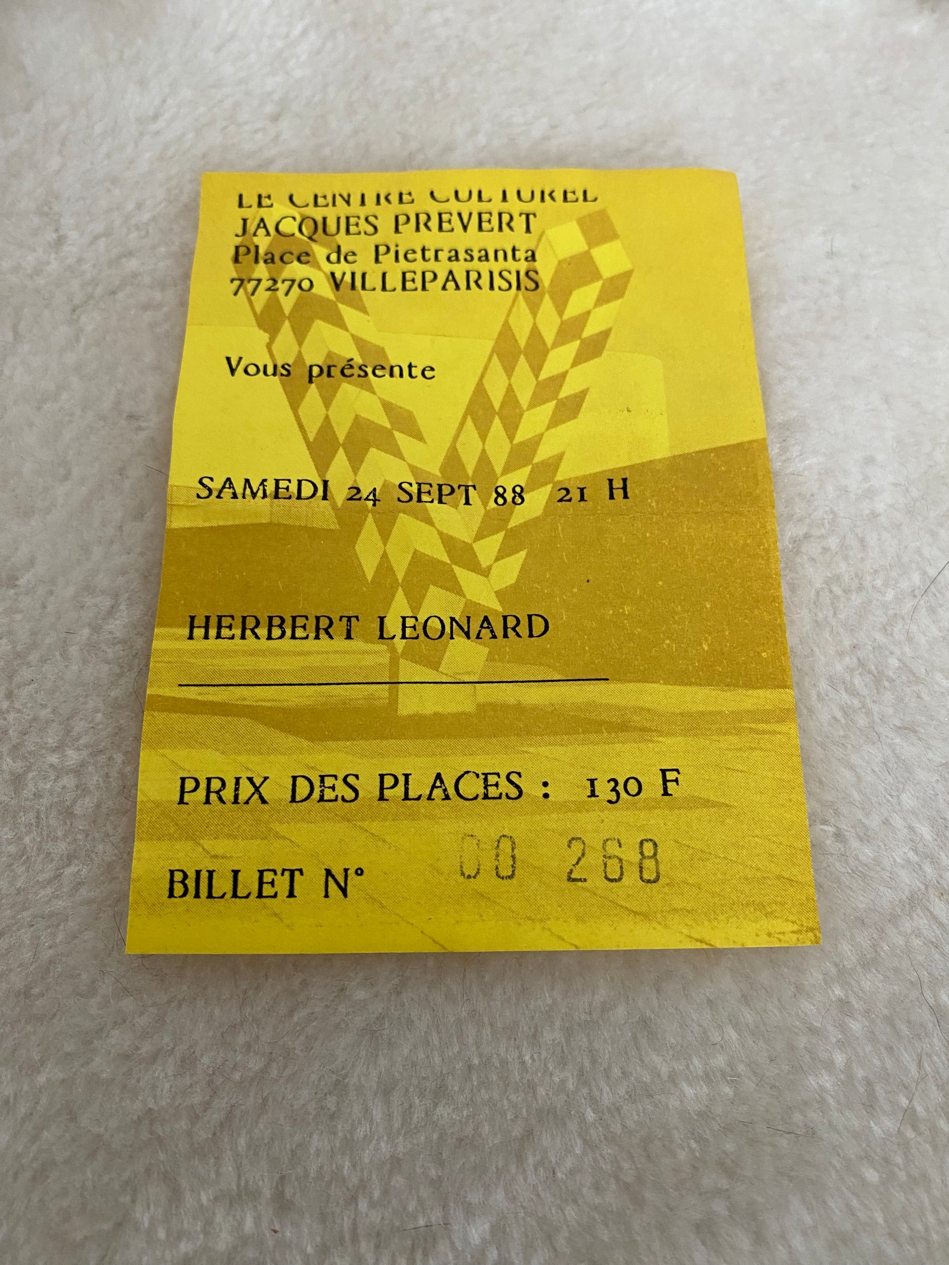 Ticket de concert Herbert Léonard Villeparisis 24 septembre 1988