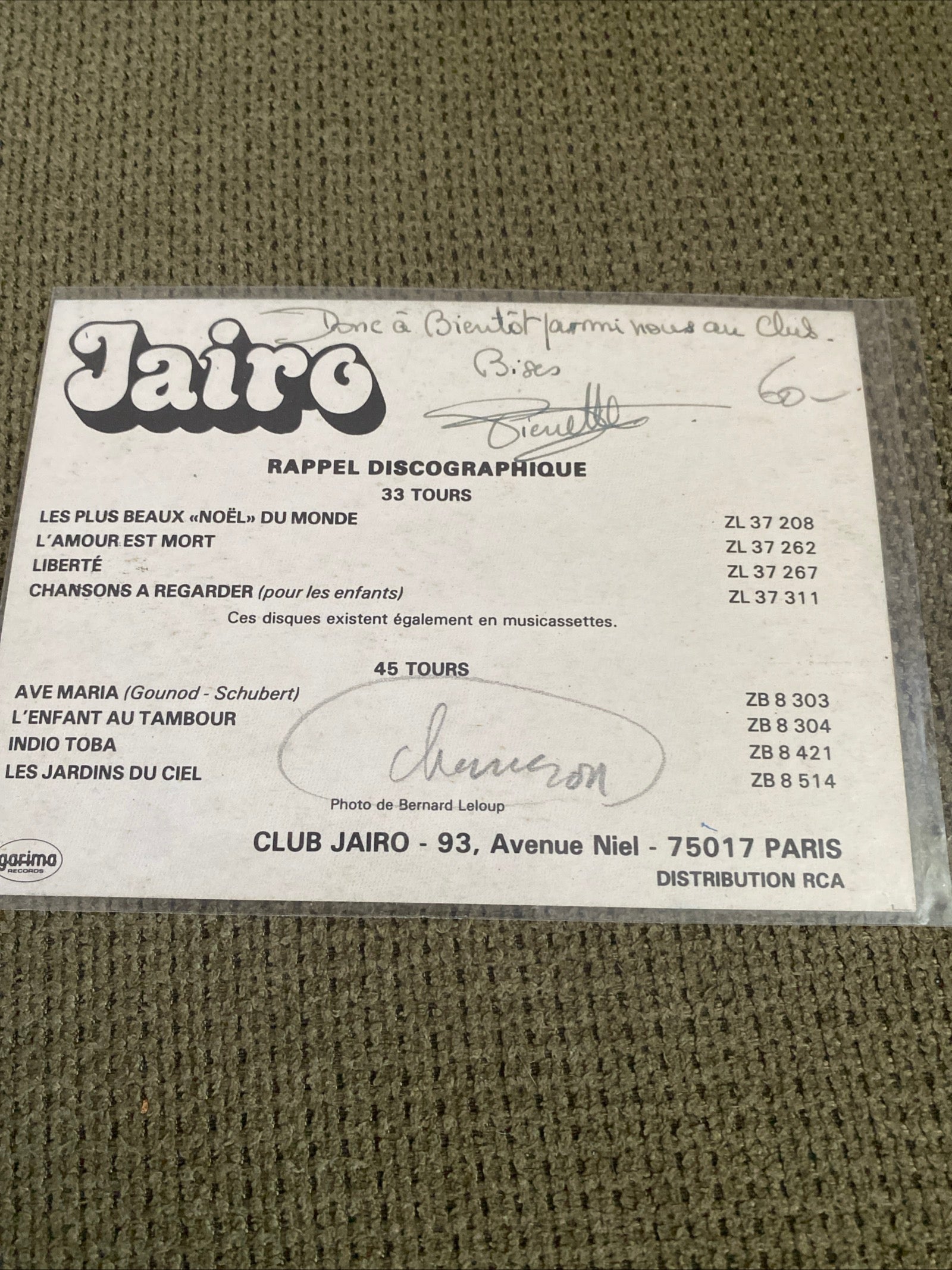 Carte postale carte promo dédicacée Jairo