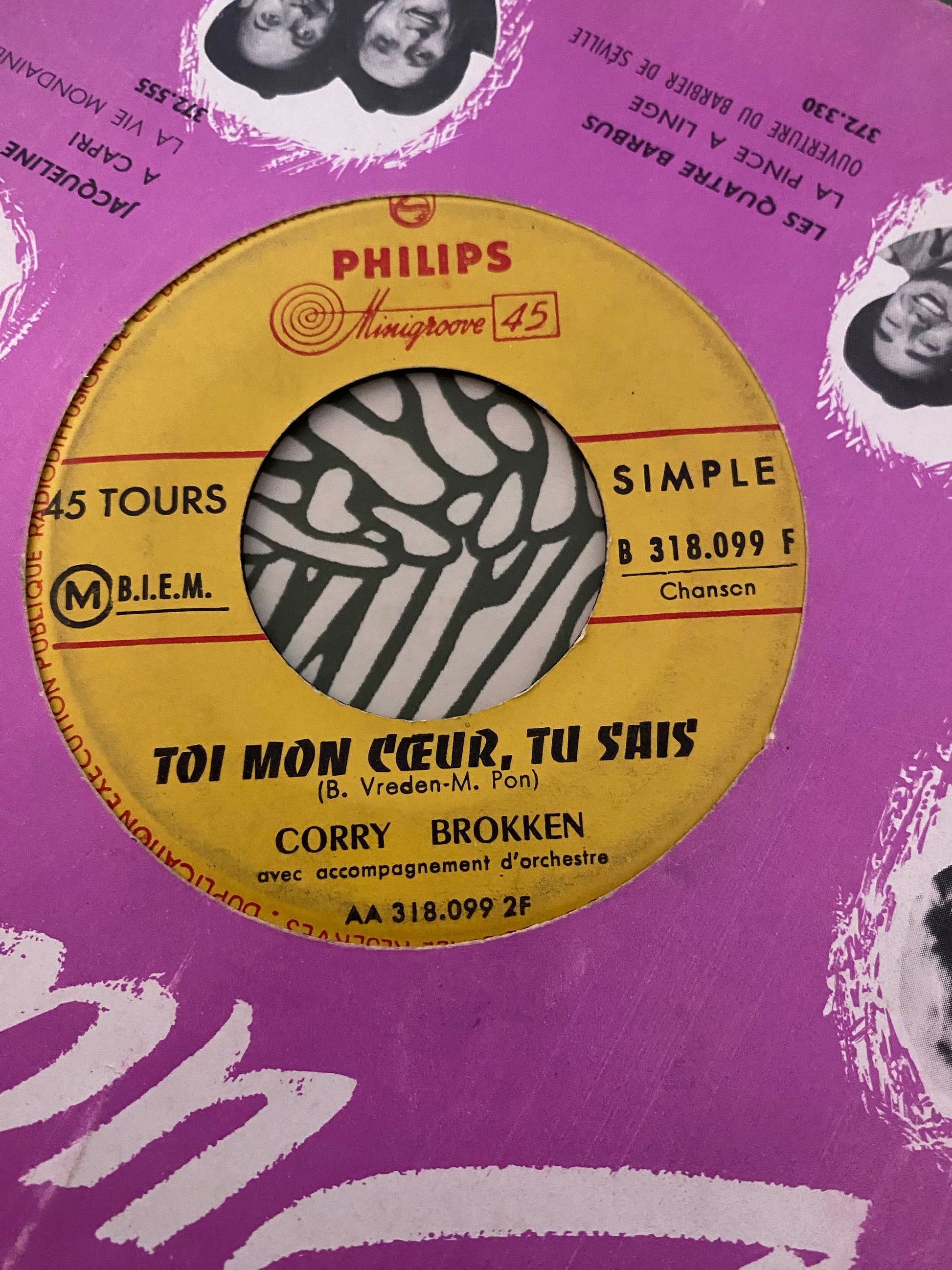 Disque vinyle 45 Tours Corry brokken. Toi mon cœur, tu sais