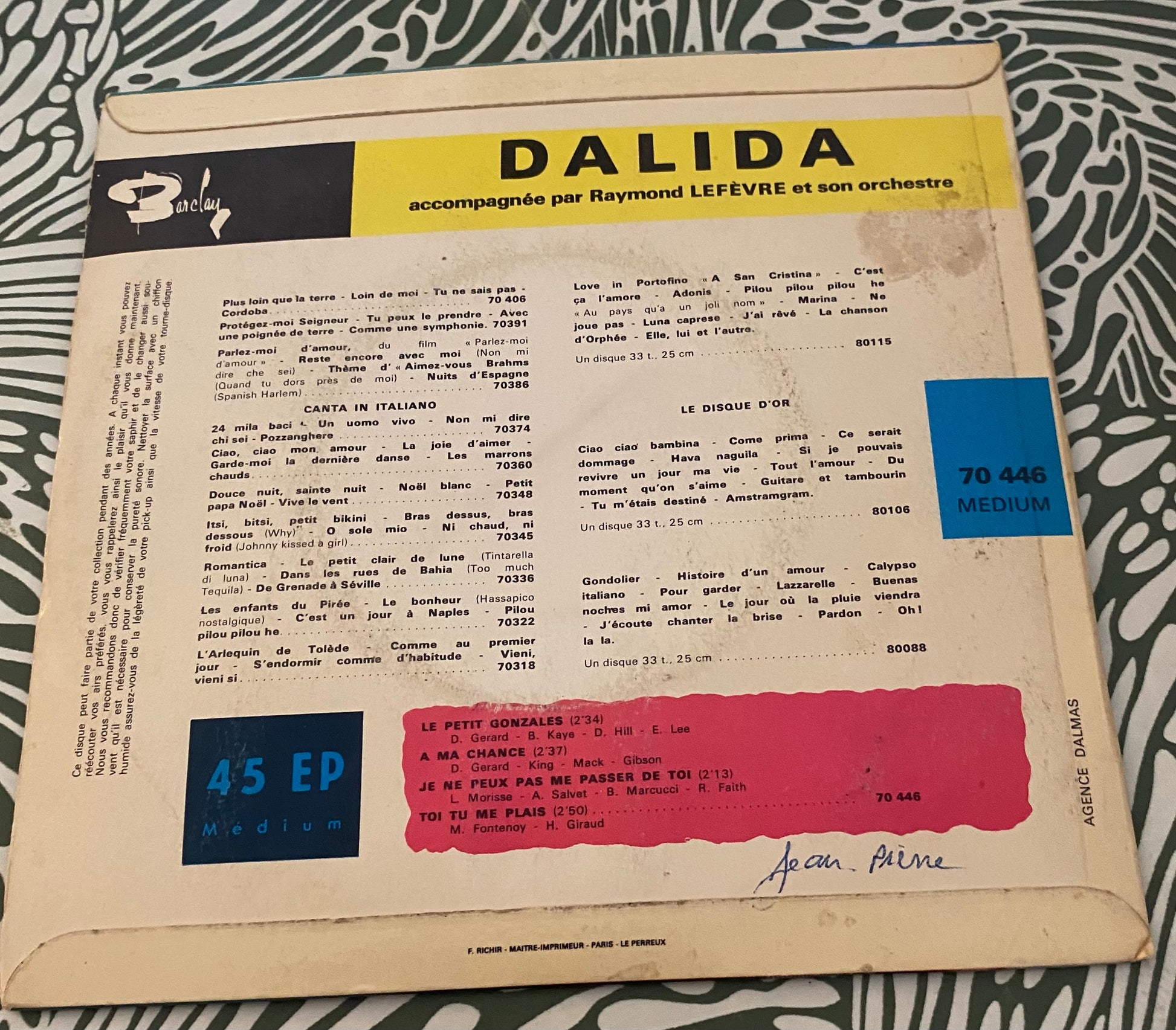 Disque vinyle 45 Tours Dalida. Le petit gonzales