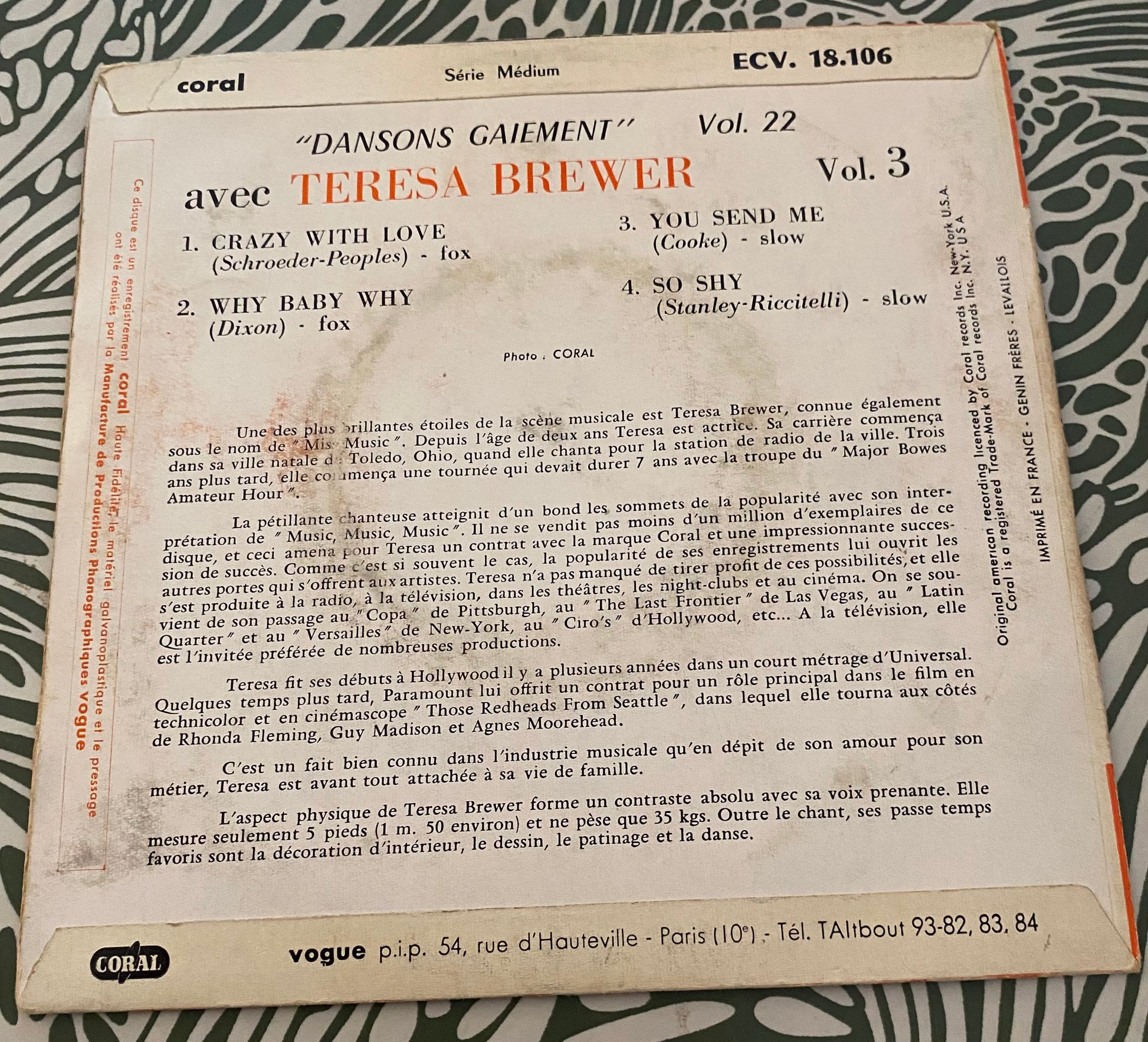 Disque vinyle 45 Tours Theresa Brewer. Crazy With Love