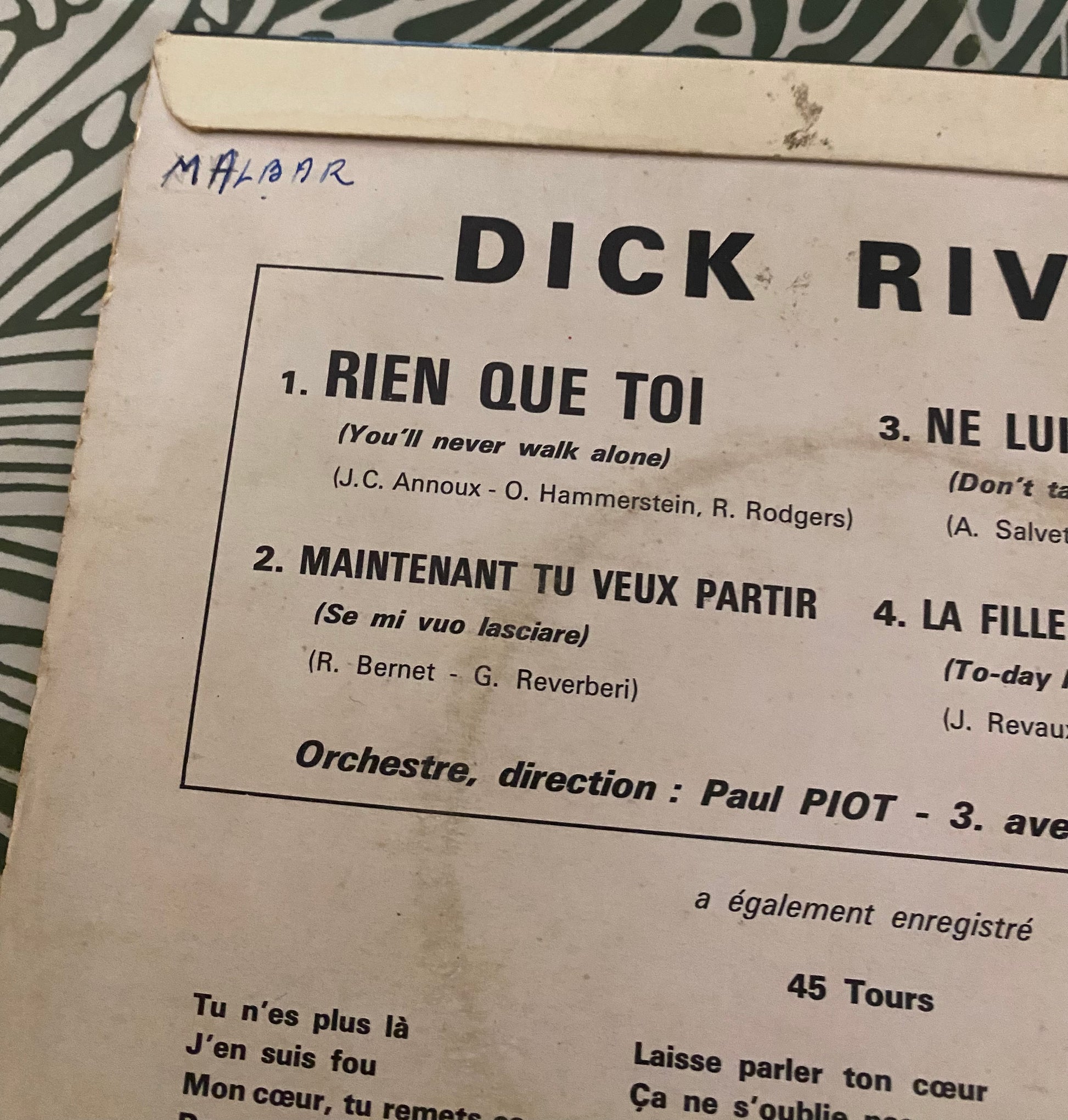 Disque vinyle 45 Tours Dick. Rien que toi.