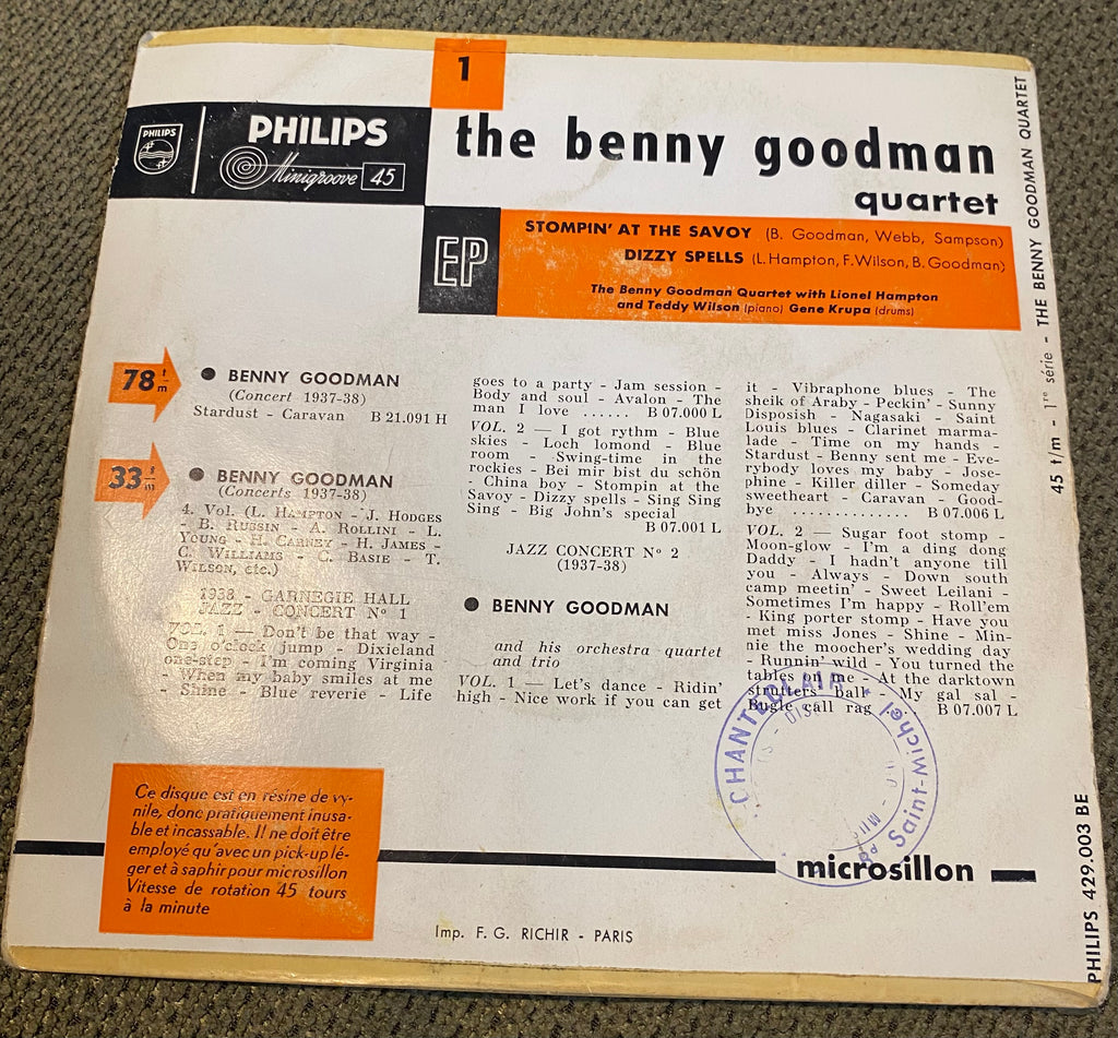 Disque vinyle 45 Tours The Benny Goodman Quartet. Music from USA
