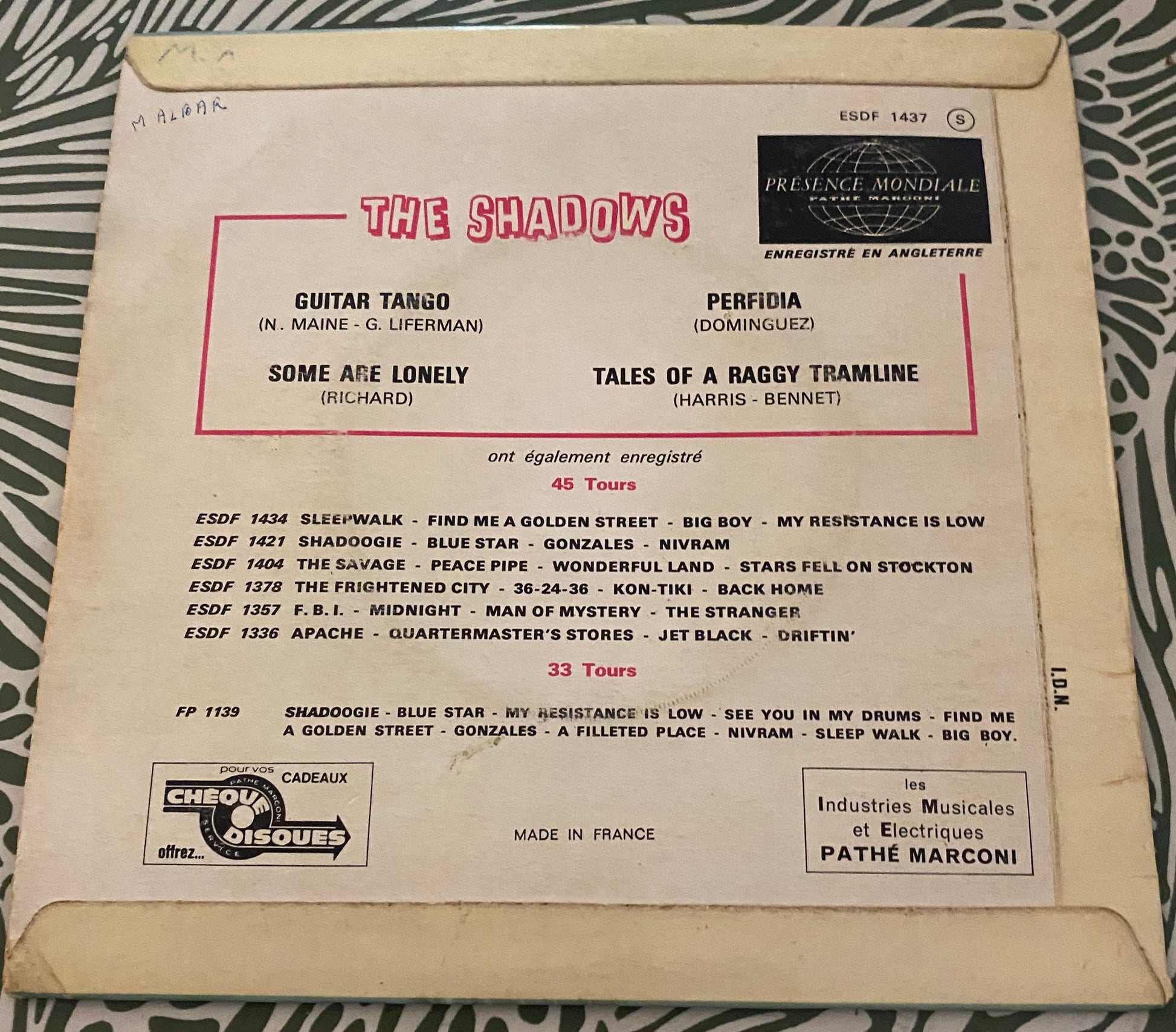 Disque vinyle 45 tours The Shadows. Guitar Tango