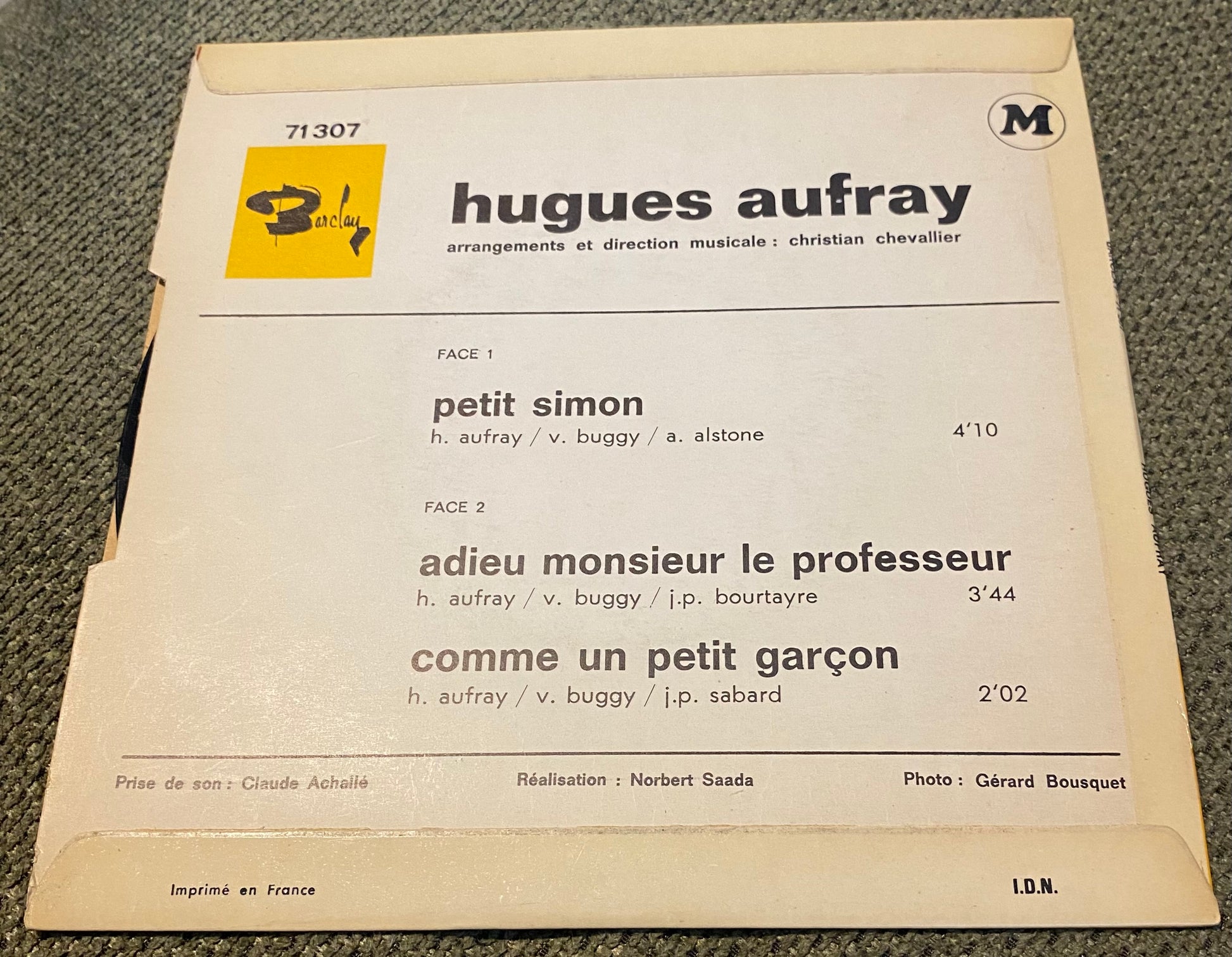 Disque vinyle 45 Tours Hugues Aufray. Adieu monsieur le professeur