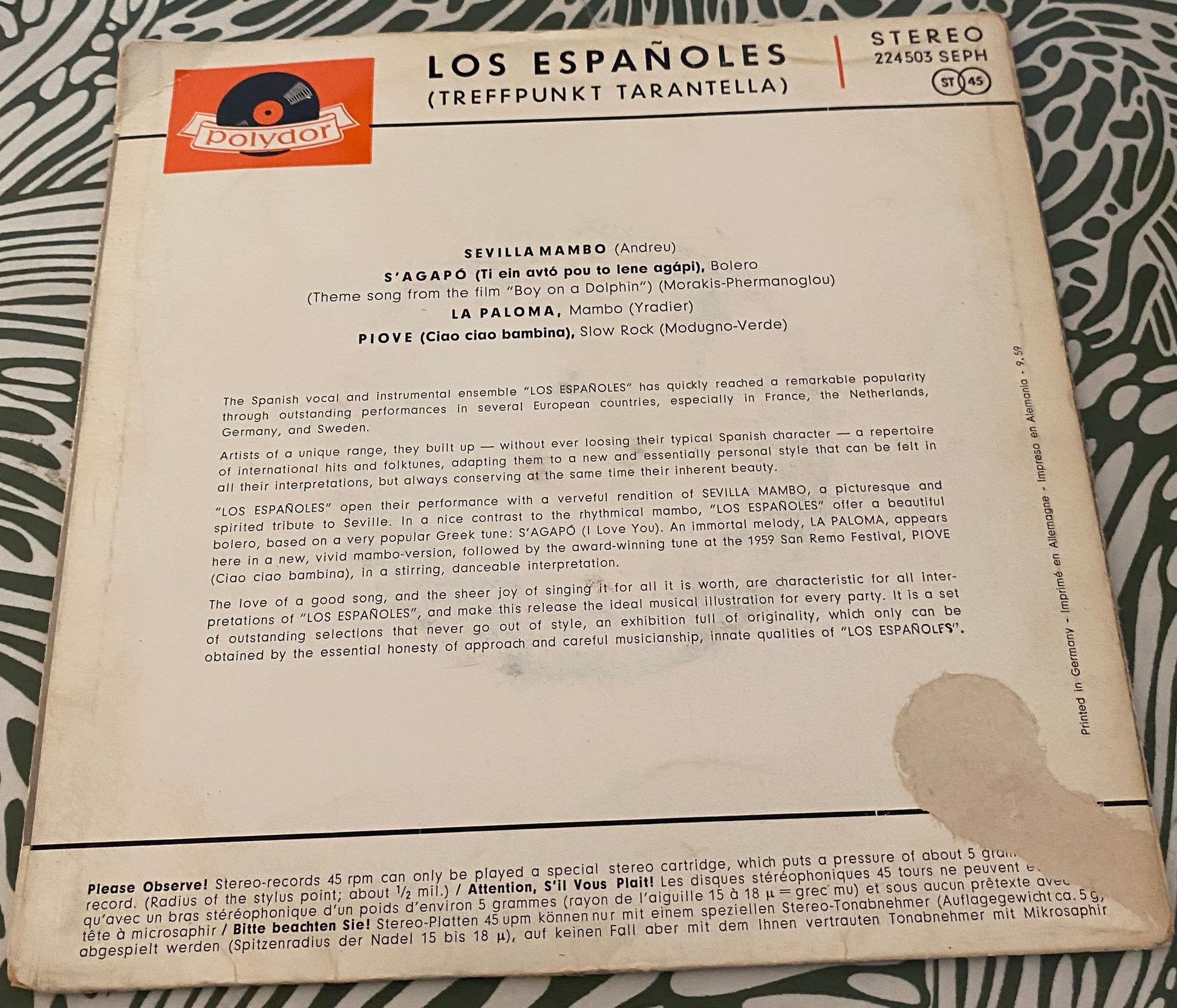 Disque vinyle 45 tours Los Españoles. Sevilla Mambo