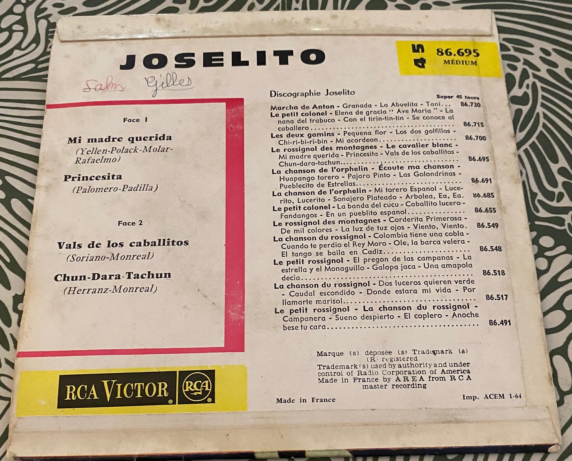 Disque vinyle 45 Tours Joselito. Mi madre querita