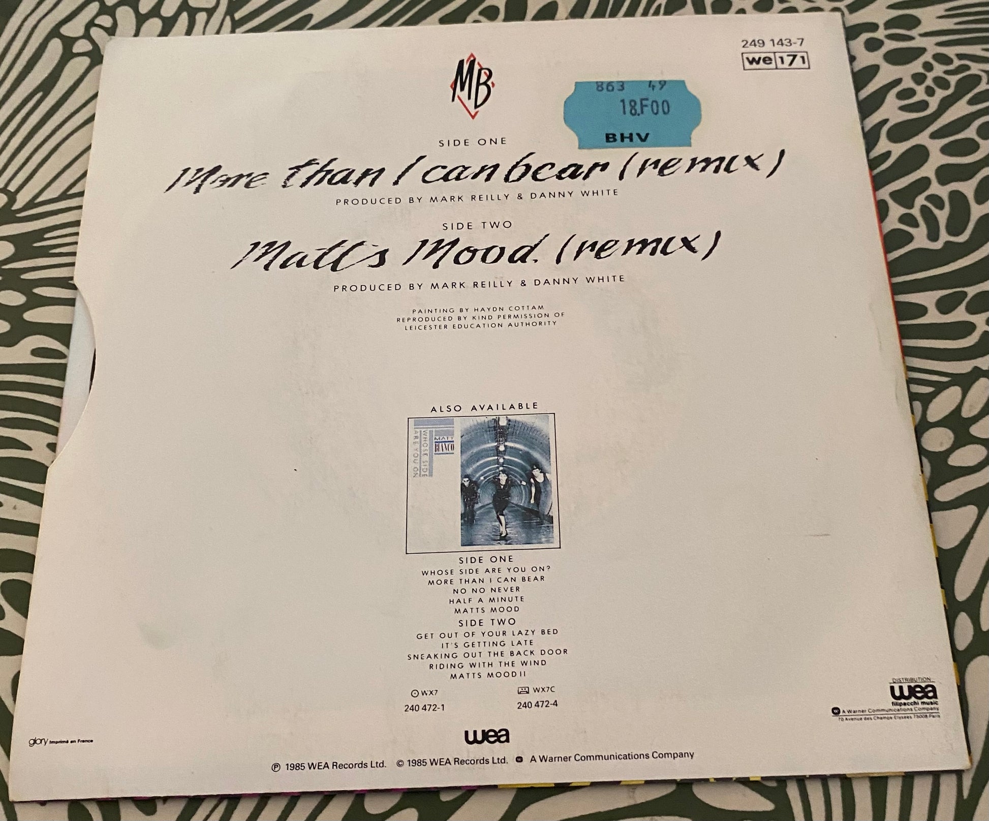 Disque vinyle 45 Tours Matt Bianco. More Than i can bear remix
