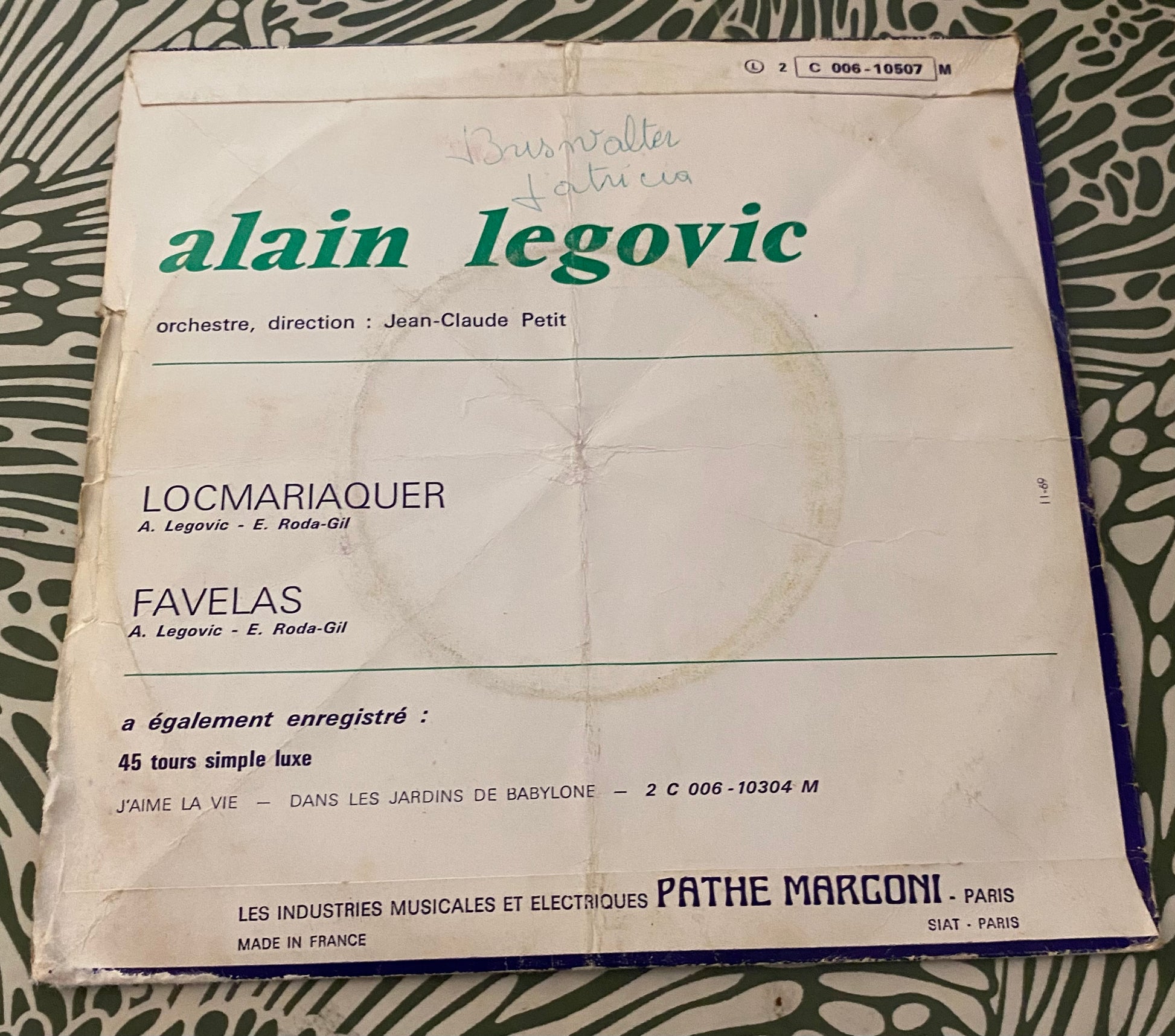 Disque vinyle 45 tours Alain Legovic ( Alain Chamfort) Loc Mariaquer