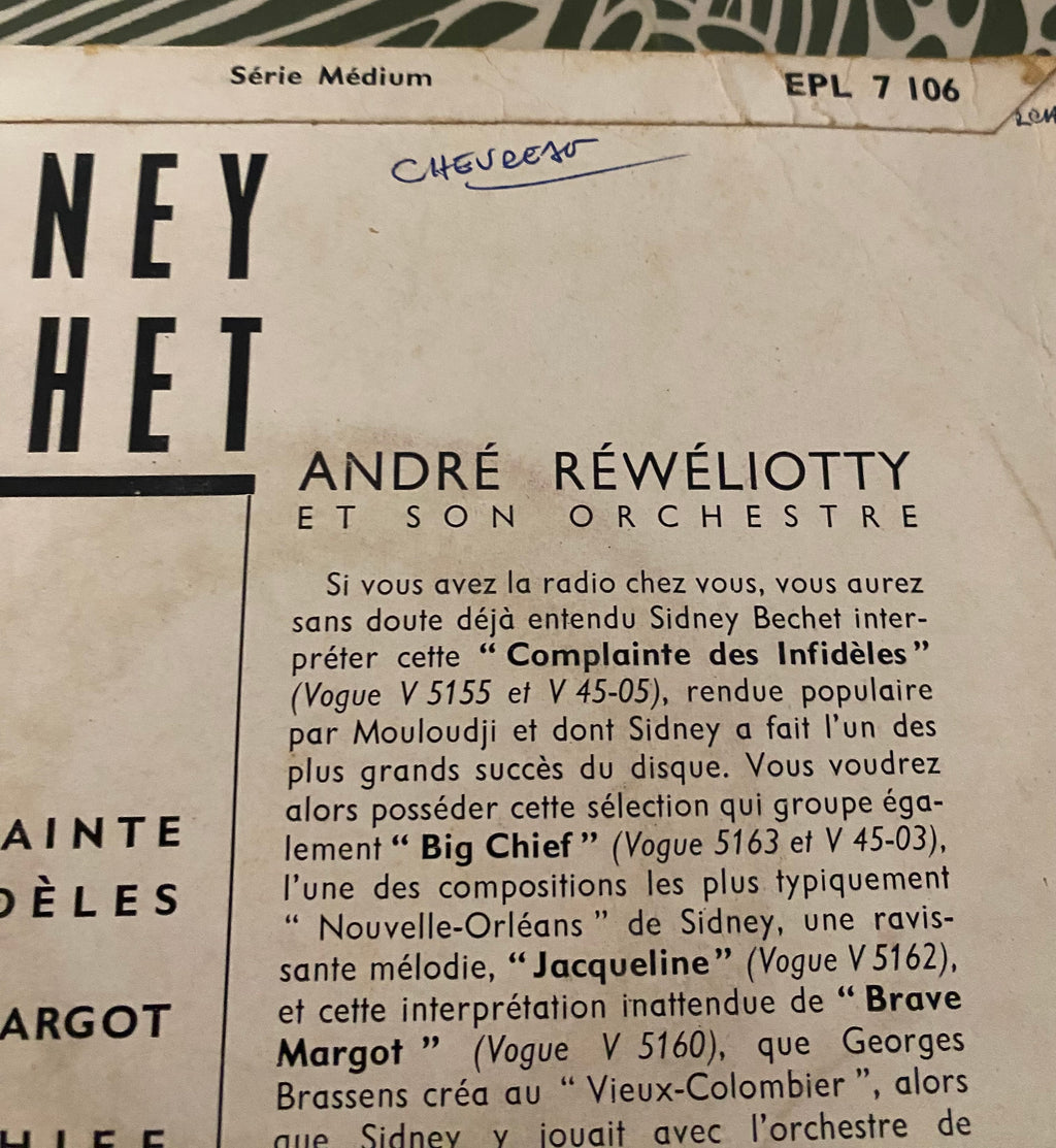 Disque vinyle 45 tours Sidnet Bechet. La complainte des infidèles