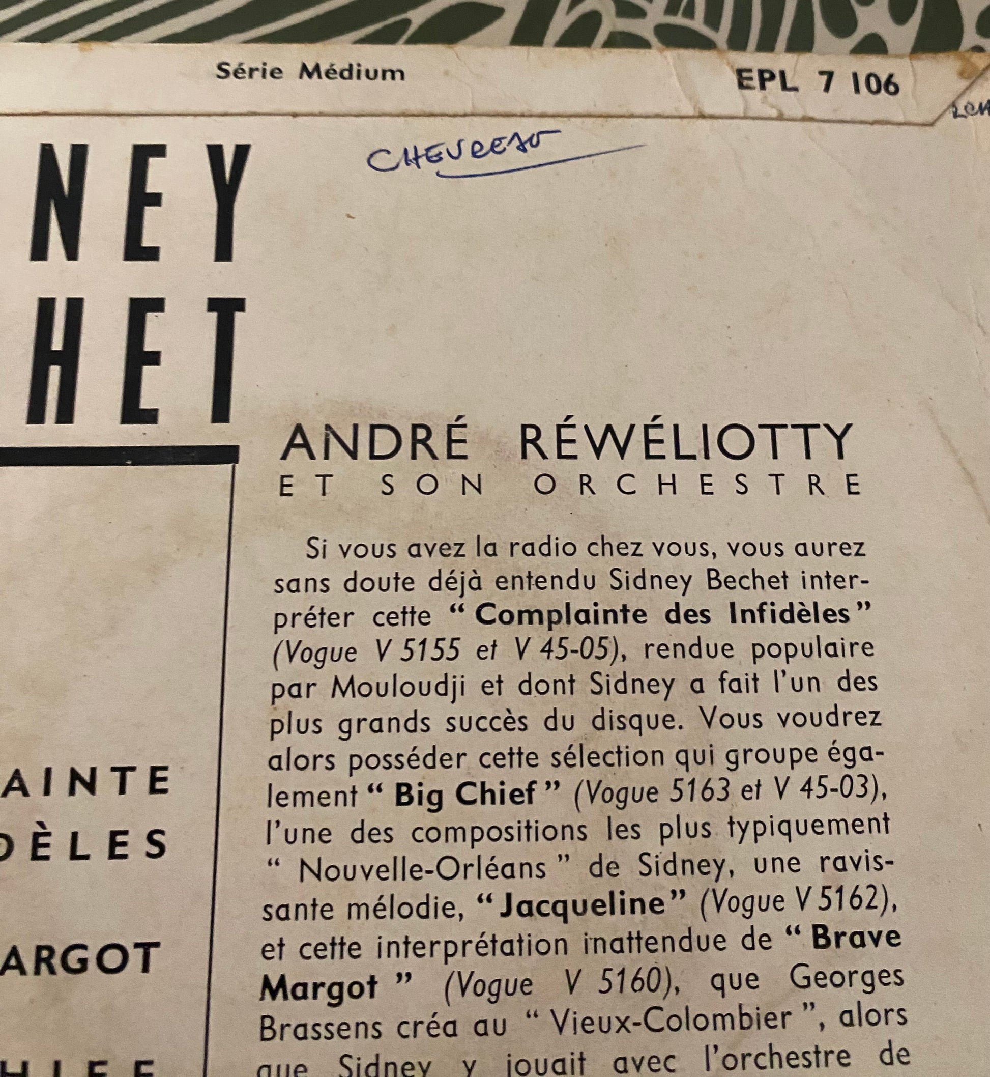 Disque vinyle 45 tours Sidnet Bechet. La complainte des infidèles