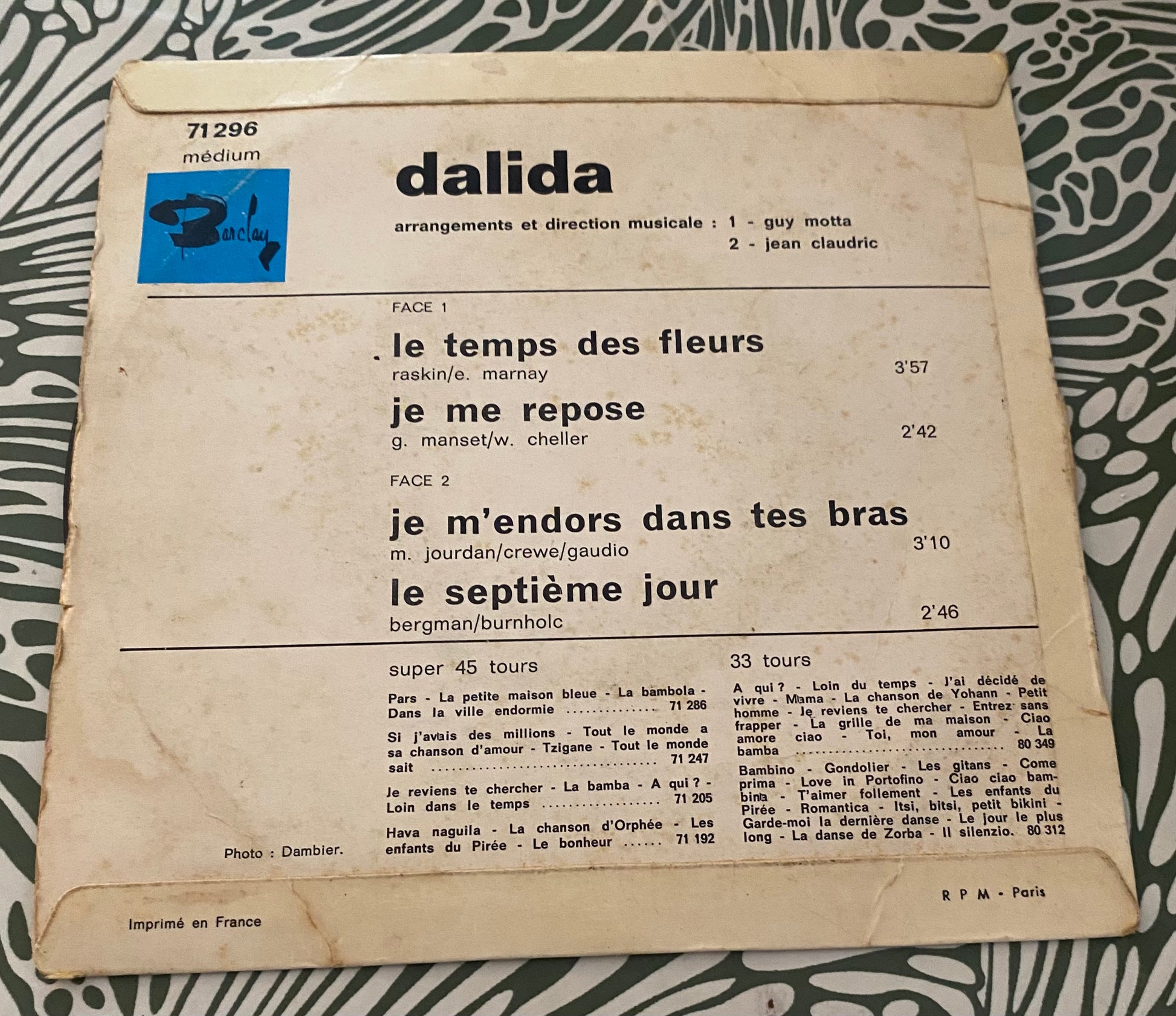 Disque vinyle 45 tours Dalida Le temps des Fleurs