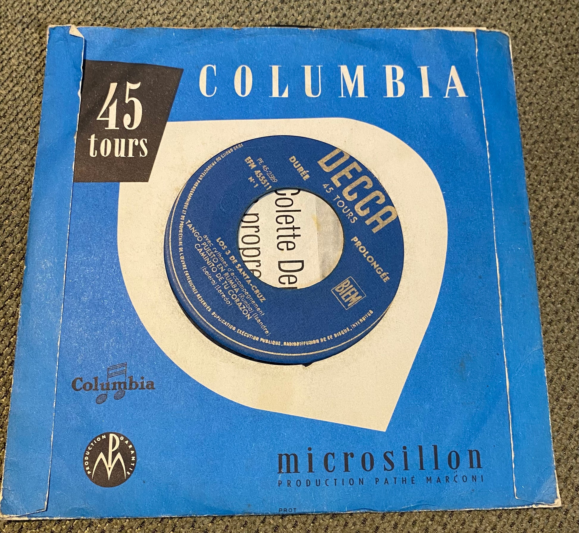 Disque vinyle 45 tours Los 3 de Santa-Cruz. Tango Puesto en Rumba
