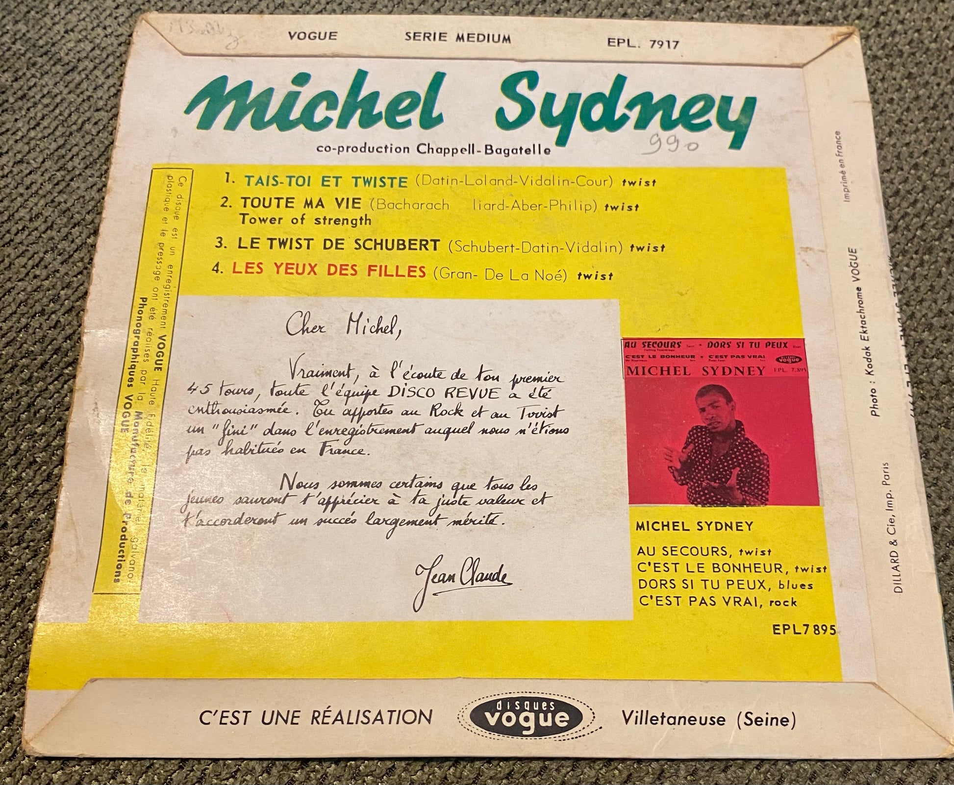 Disque vinyle 45 tours Michel Sydney. Tais toi et Twiste
