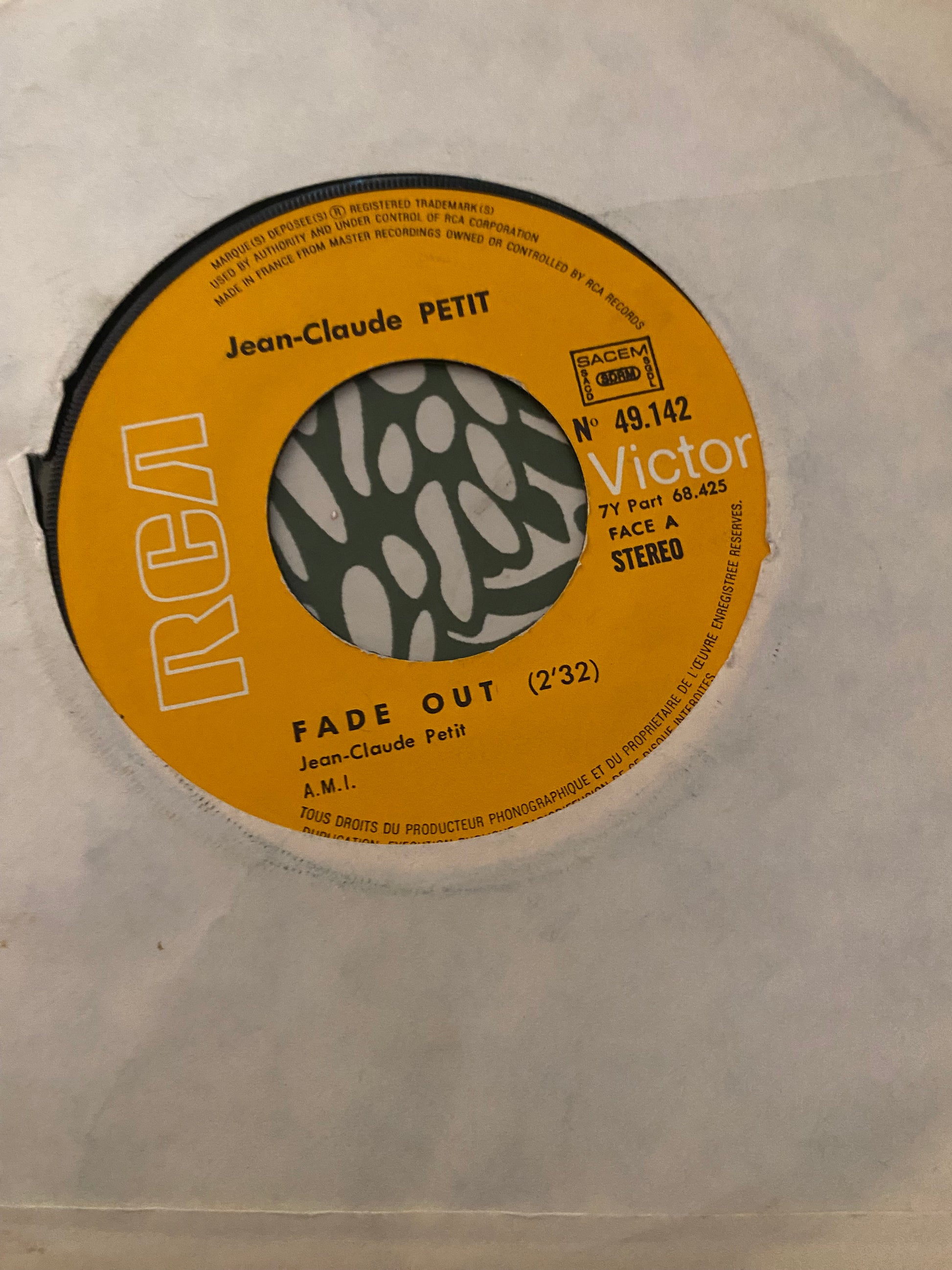 Disque vinyle 45 Tours Jean Claude Petit. Fade Out