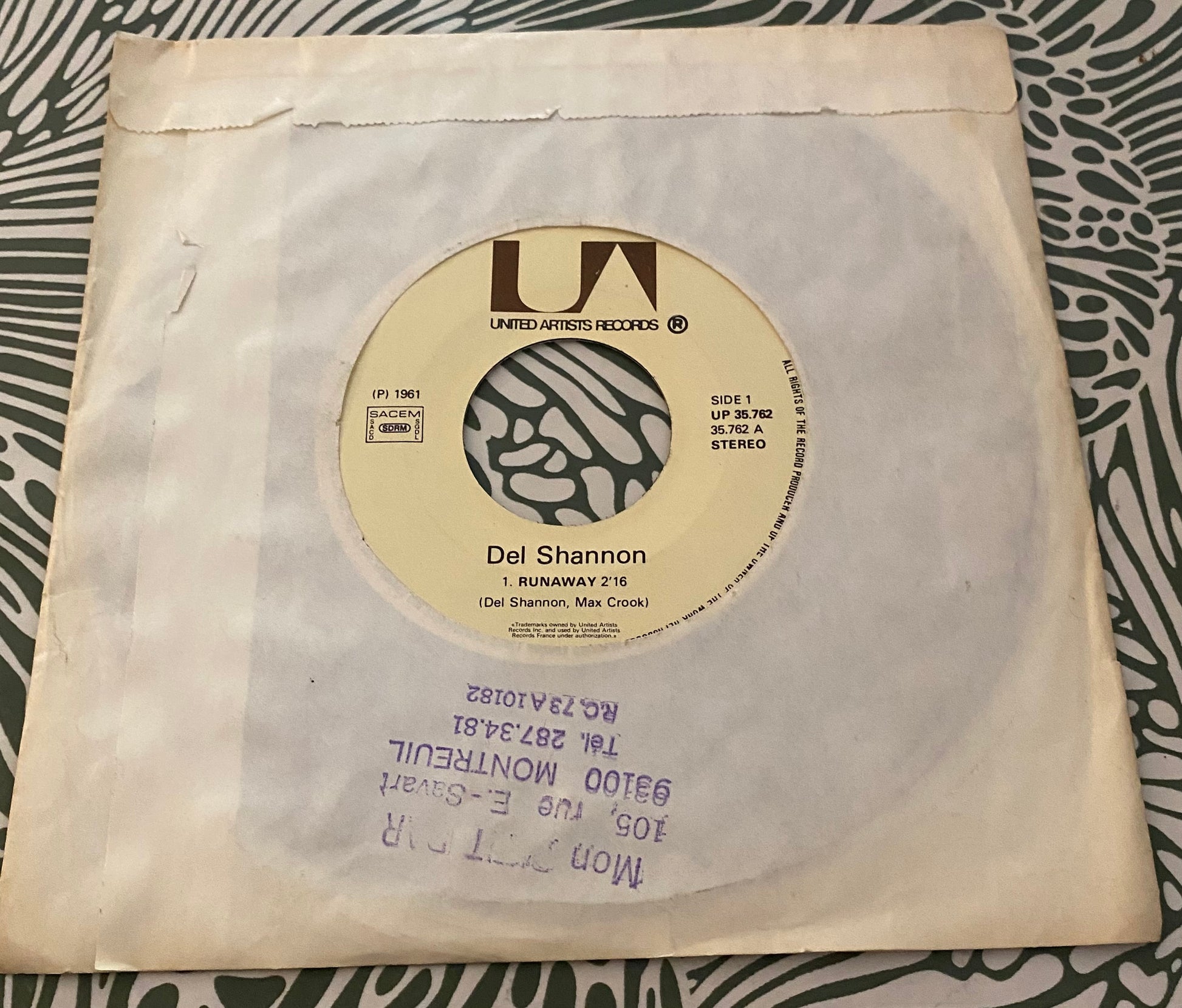 Disque vinyle 45 tours Del Shannon. Runaway