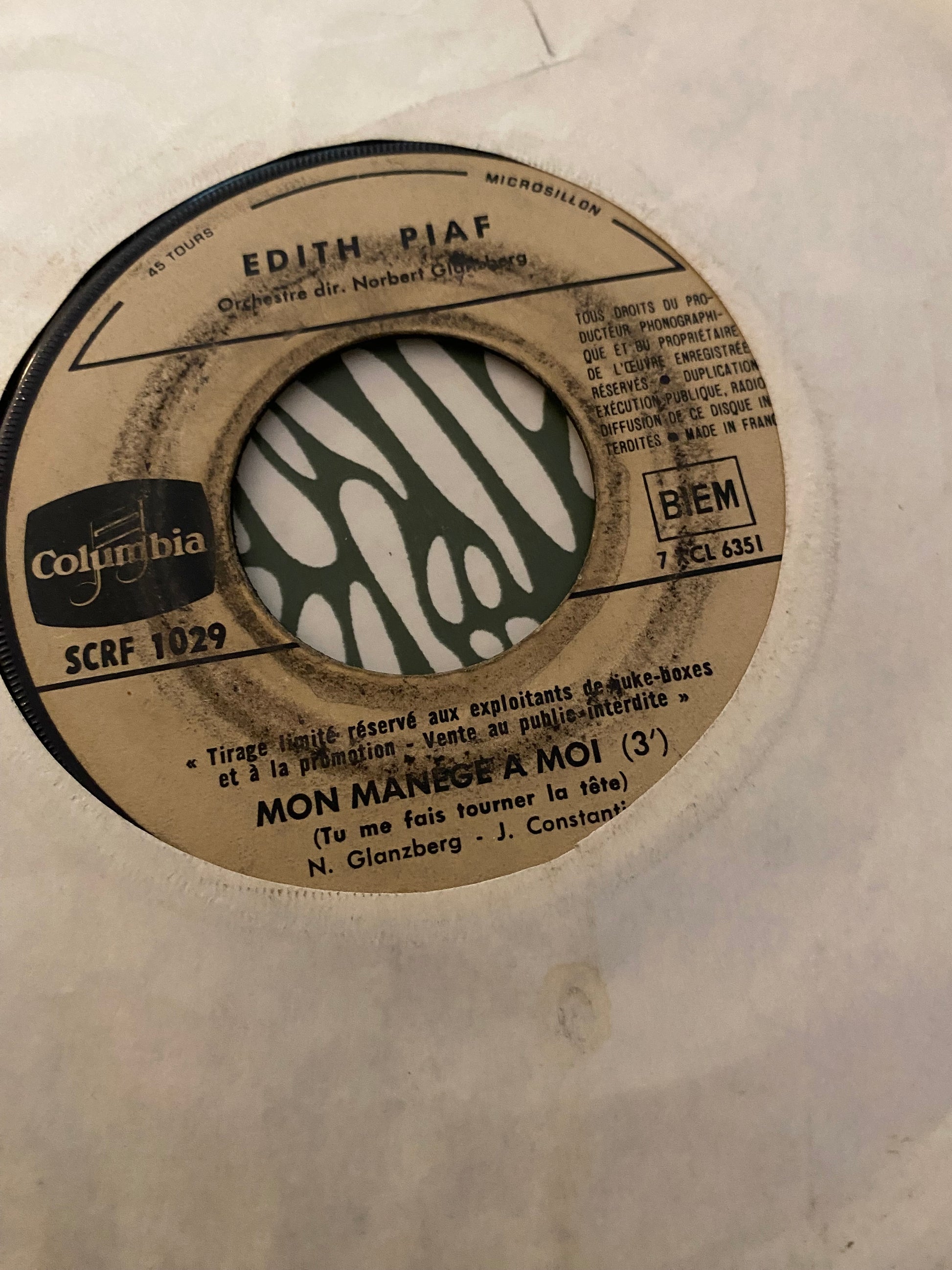 Disque vinyle 45 tours Edith Piaf. Mon manège à moi